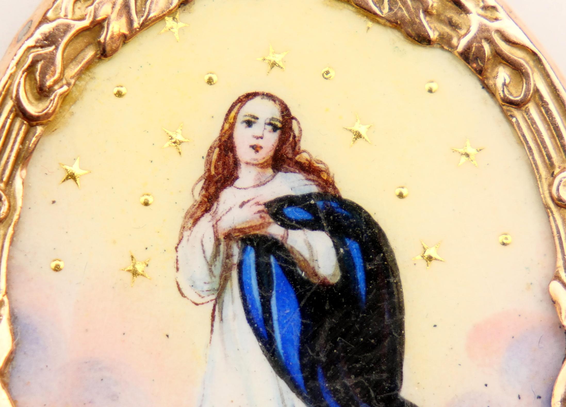 Women's or Men's Antique Holy Maria Mary Immaculate Pendant Enamel Solid 14K Gold / 7.7 gr For Sale