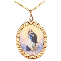 Antiquités Pendentif Sainte Marie Immaculée Émail Or massif 14K / 7,7 gr