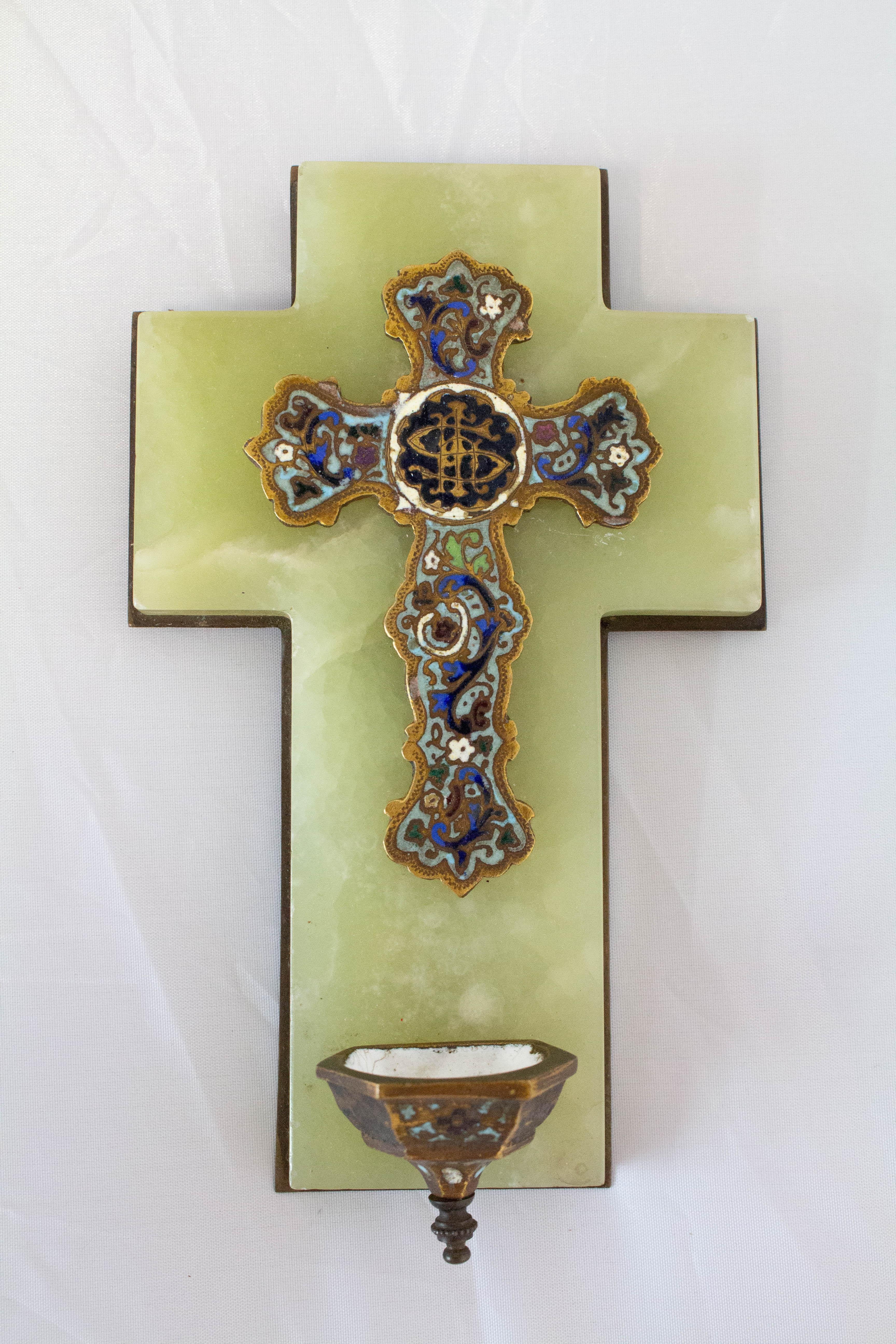 Holy water font crucifix Napoleon III, French, 19th century
French champleve enamel
Benitier crucifix holy water wall font late 19th century.
Mounted on bronze original hanging loop.
JHS Monogram in the middle of the cross
Good antique