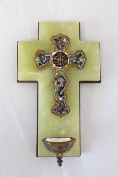 Antique Holy Water Font Crucifix Champleve Onyx French Napoleon III