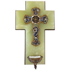 Antique Bénitier Crucifix Champleve Onyx Français Napoléon III