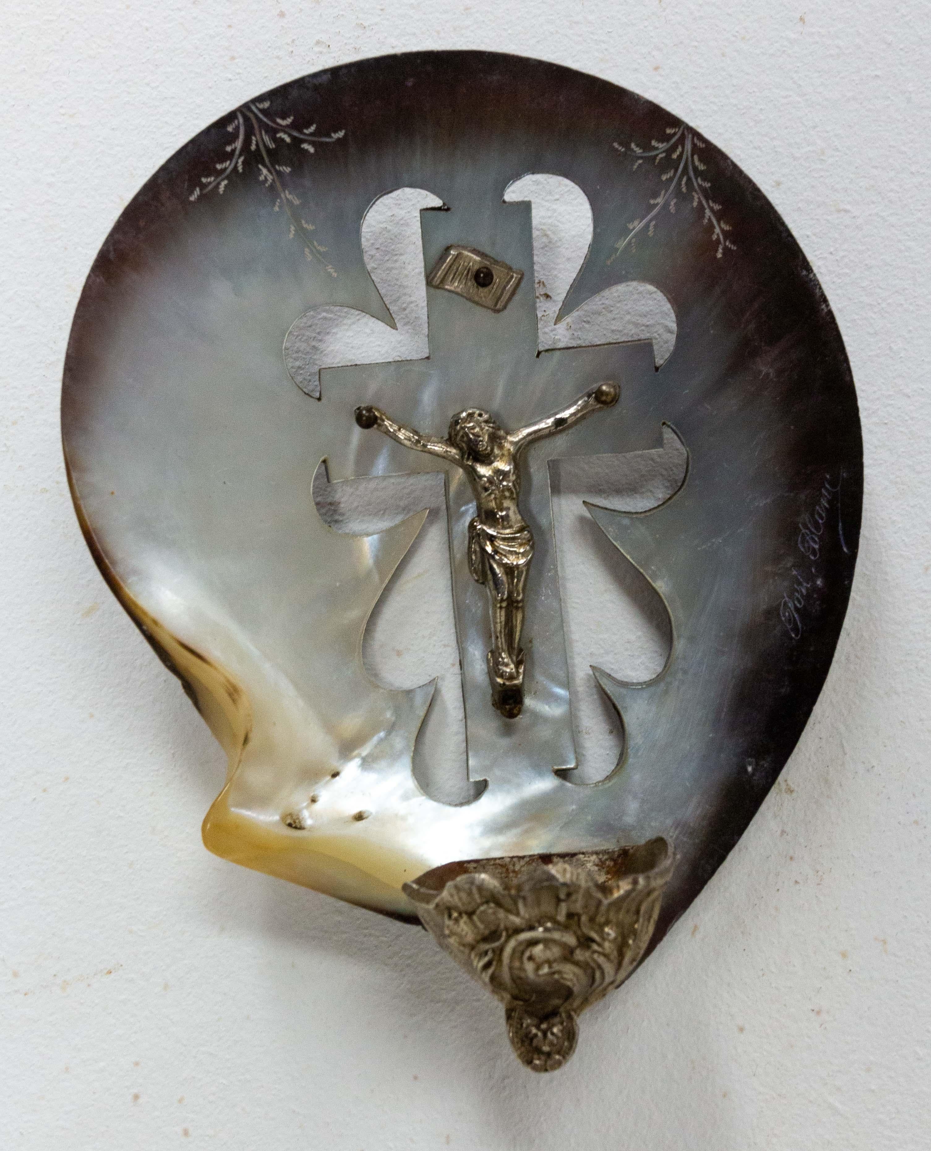 Antique Holy Water Font Crucifix Shell and Silver French Napoleon III In Good Condition For Sale In Labrit, Landes