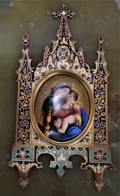 Antike Weihwasserquelle Französisch Bronze Champleve Grün Onyx Miniatur Malerei