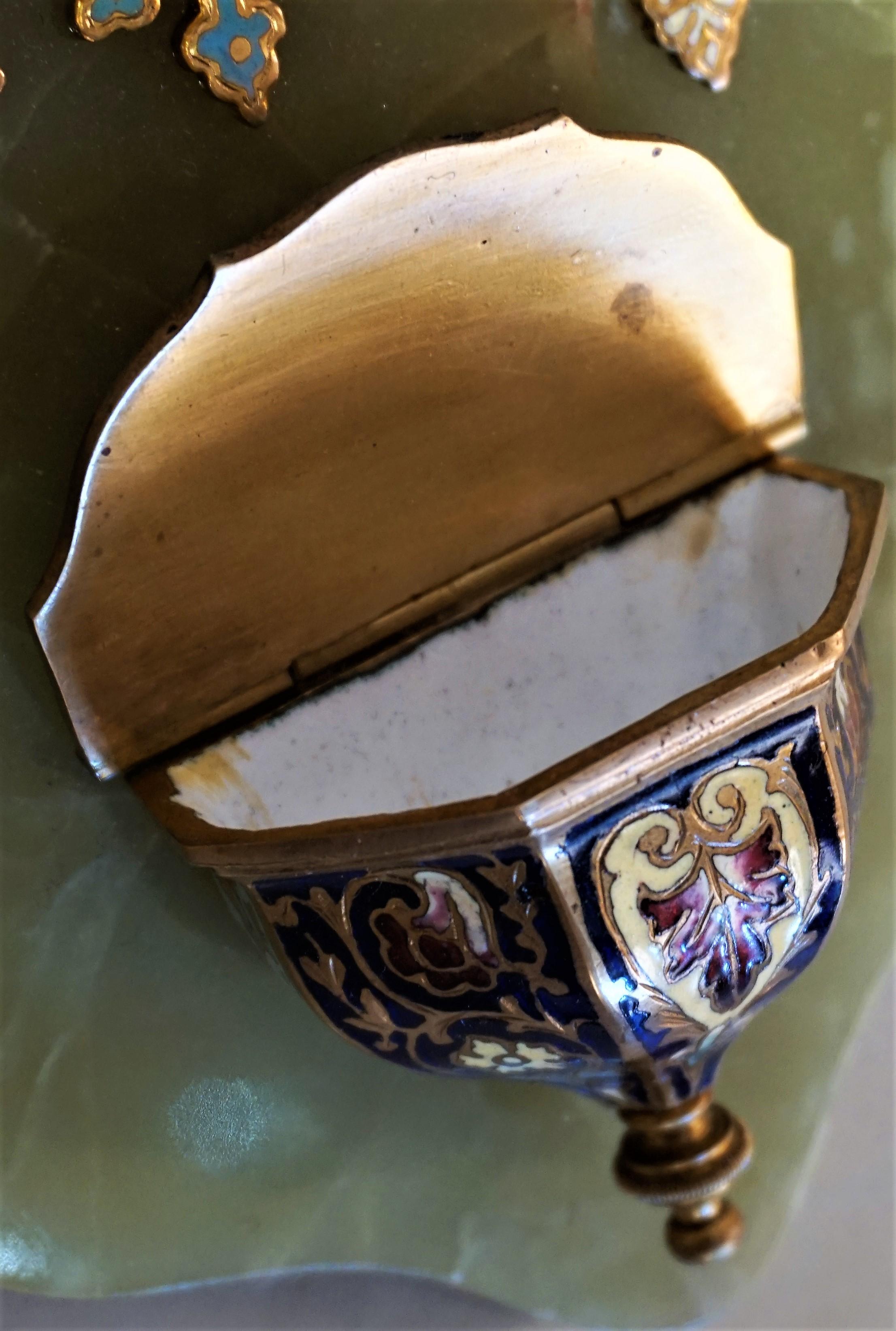 Enameled Antique Holy Water Font French Bronze Champleve Green Onyx Miniature Painting