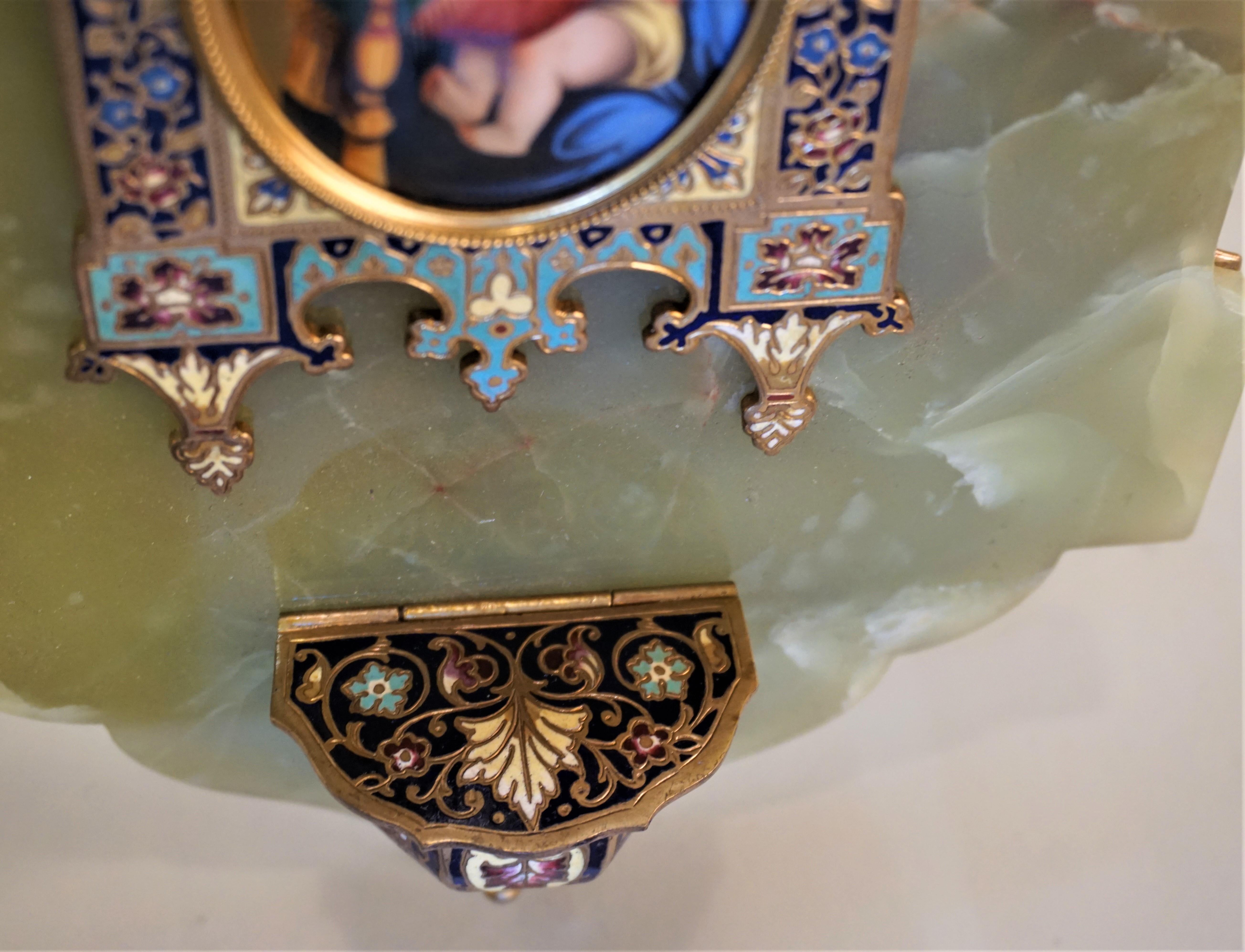Antique Holy Water Font French Bronze Champleve Green Onyx Miniature Painting In Good Condition In Fairfax, VA