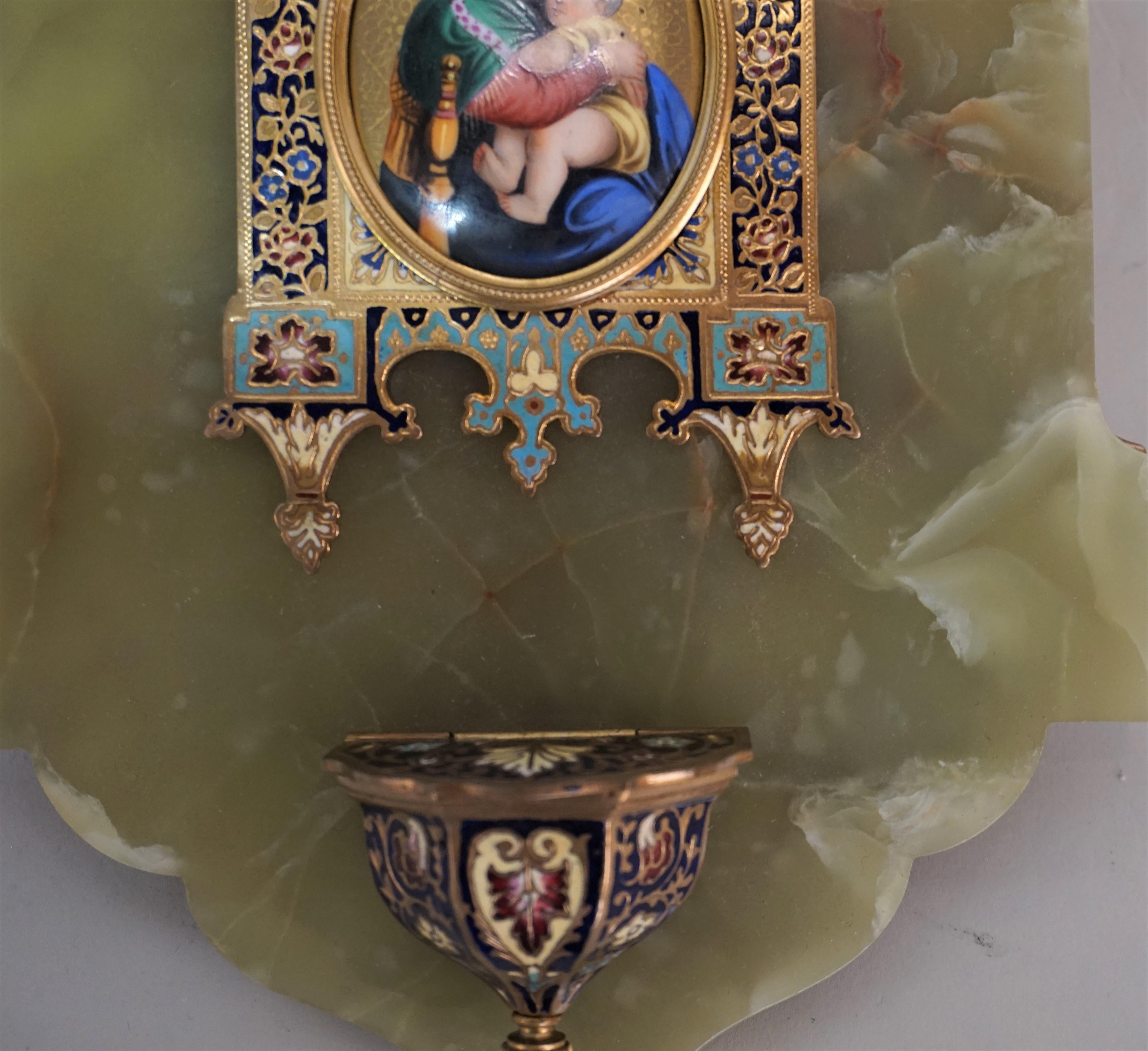 Antique Holy Water Font French Bronze Champleve Green Onyx Miniature Painting 1