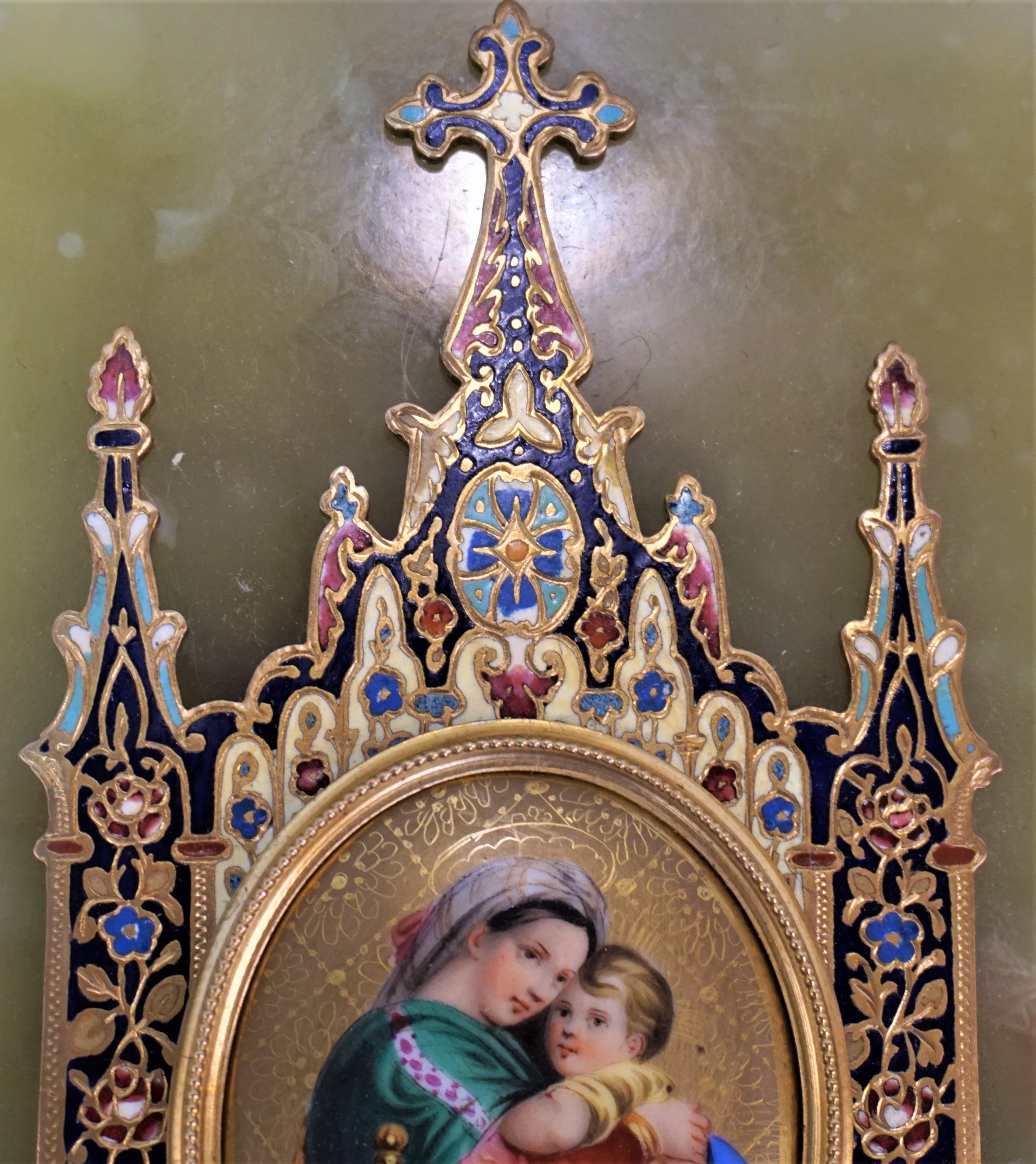 Antique Holy Water Font French Bronze Champleve Green Onyx Miniature Painting 2