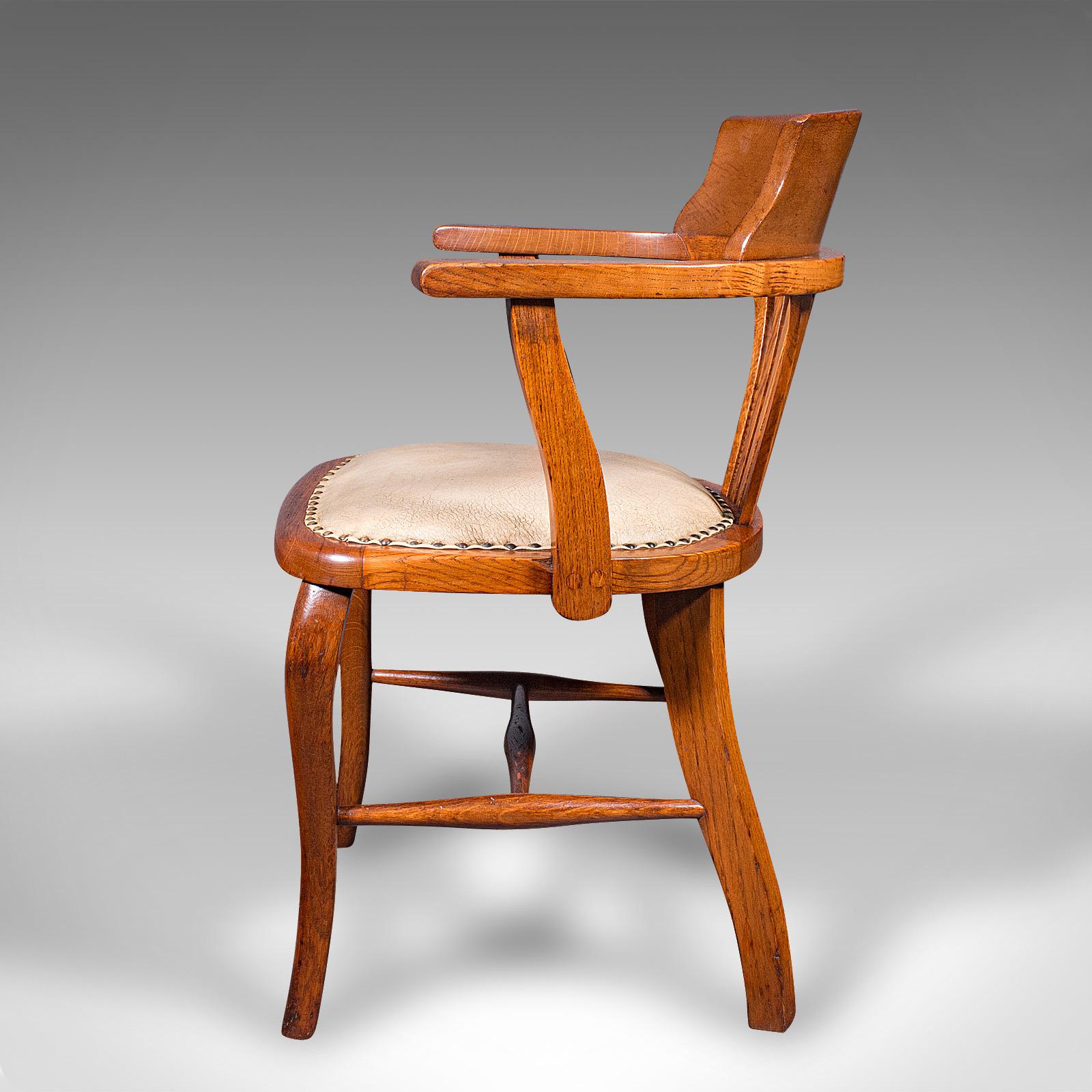 British Antique Home Office Desk Chair, English, Oak, Drawing Room Elbow Seat, Edwardian
