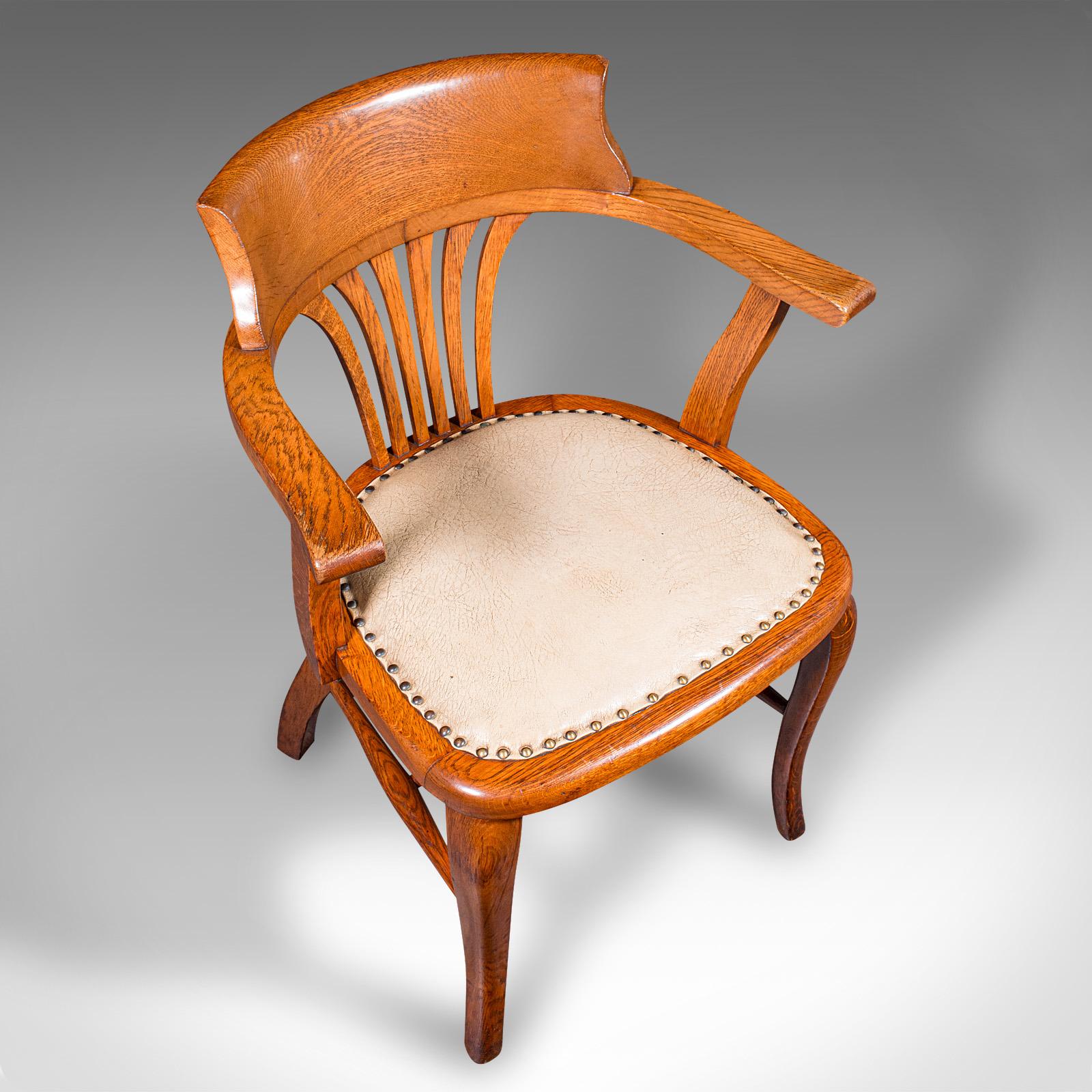 20th Century Antique Home Office Desk Chair, English, Oak, Drawing Room Elbow Seat, Edwardian