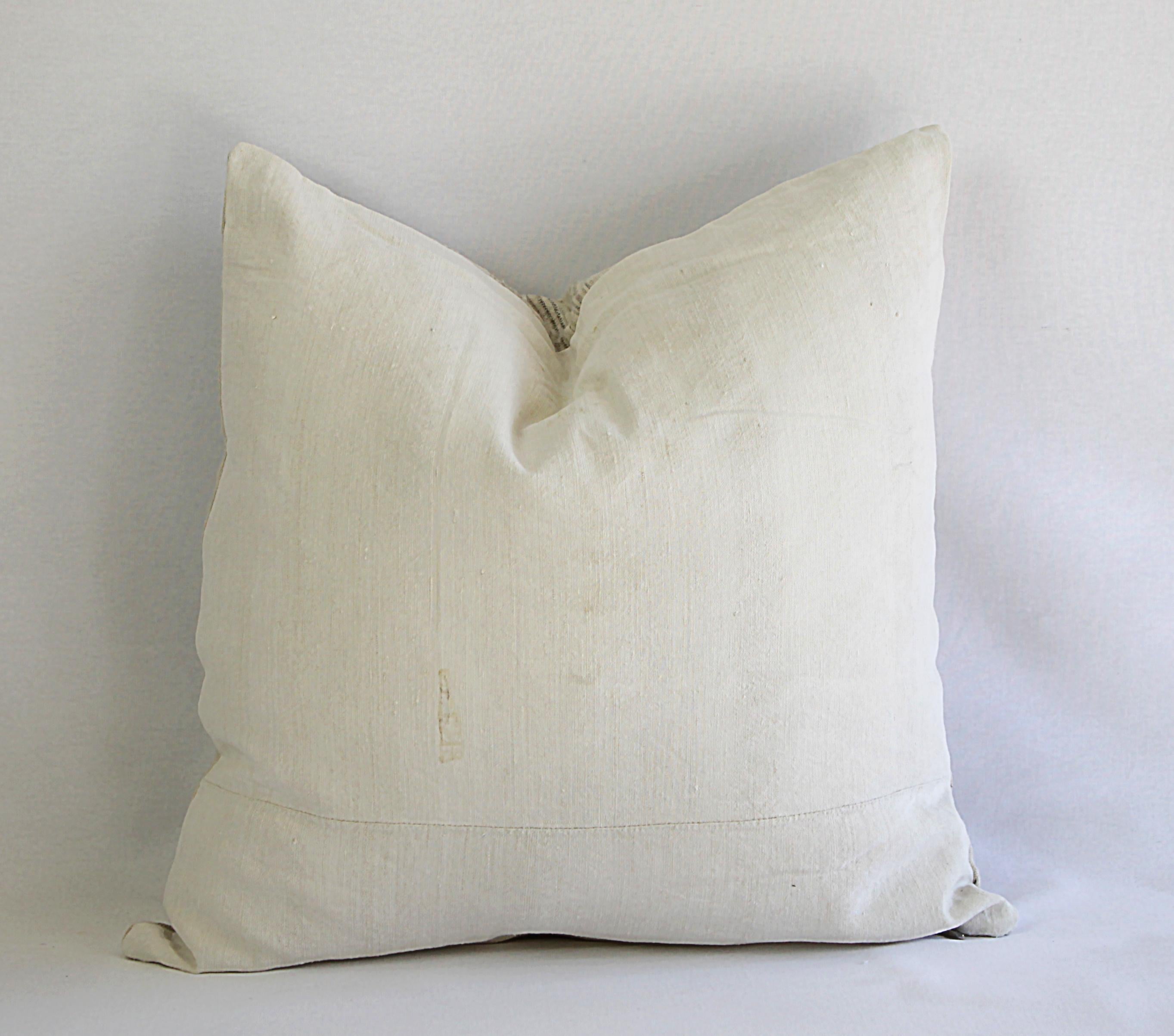 Antique Homespun Linen and Striped Grain Sack Pillow 7