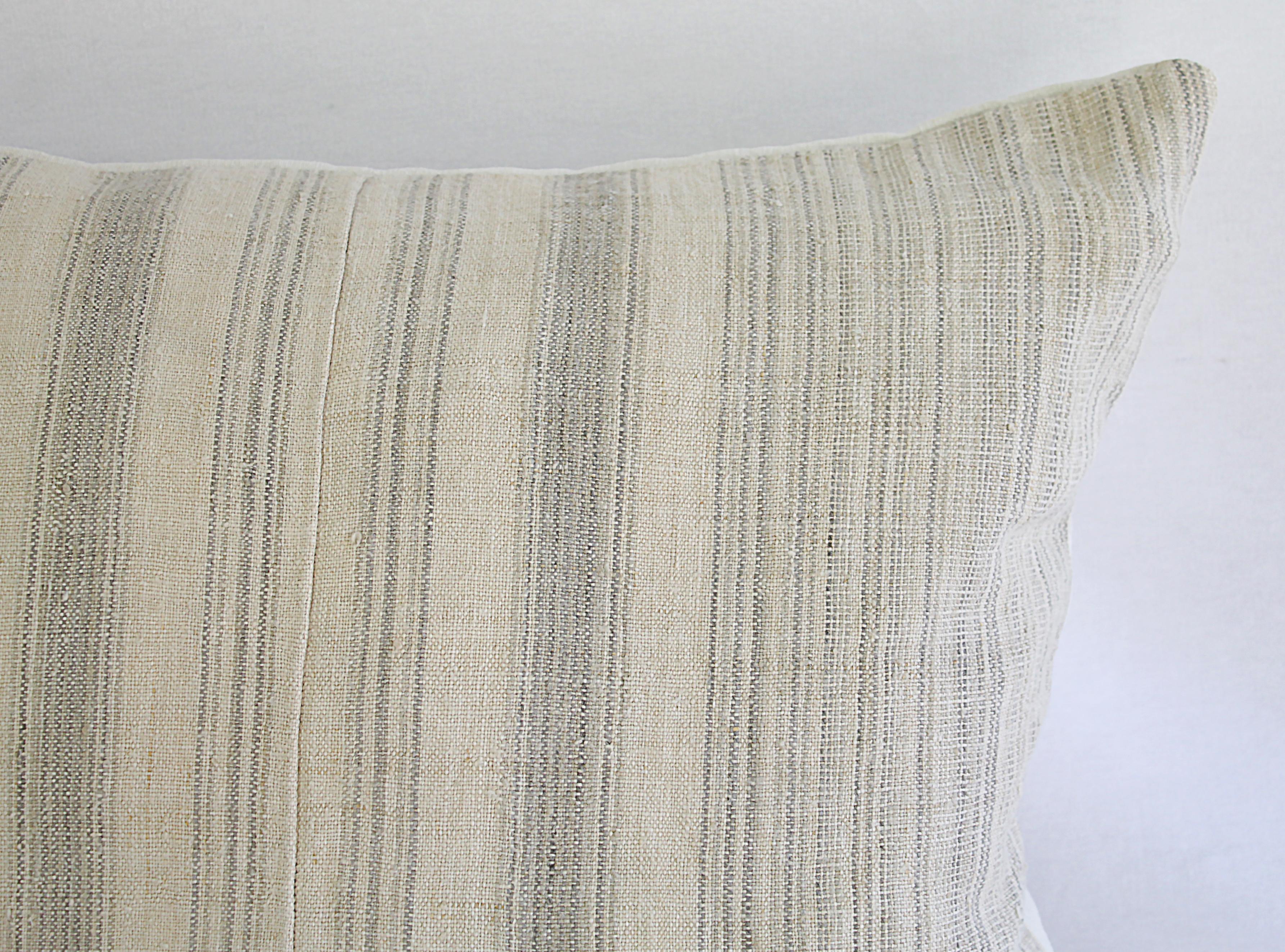 European Antique Homespun Linen and Striped Grain Sack Pillow