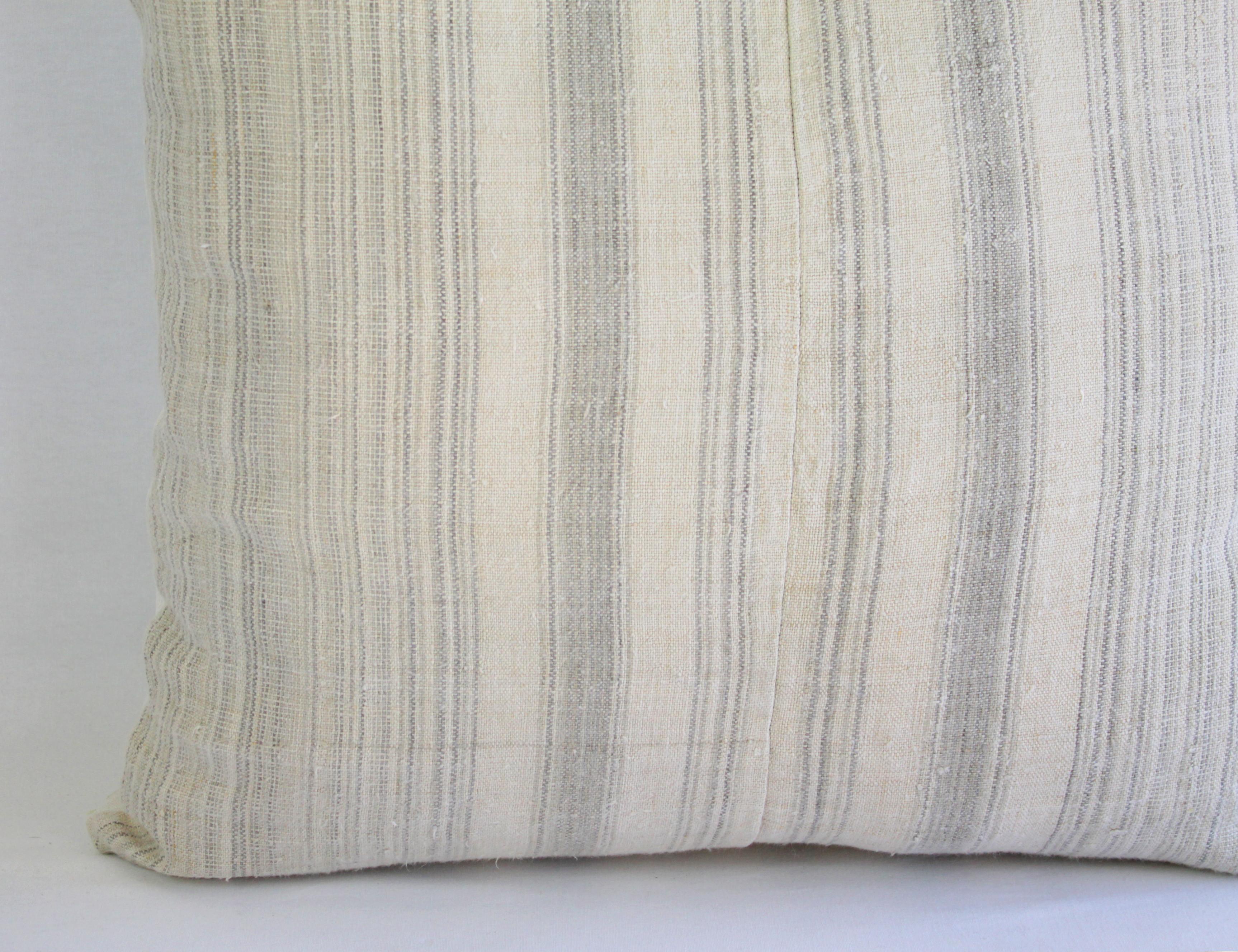 Antique Homespun Linen and Striped Grain Sack Pillow In Good Condition In Brea, CA