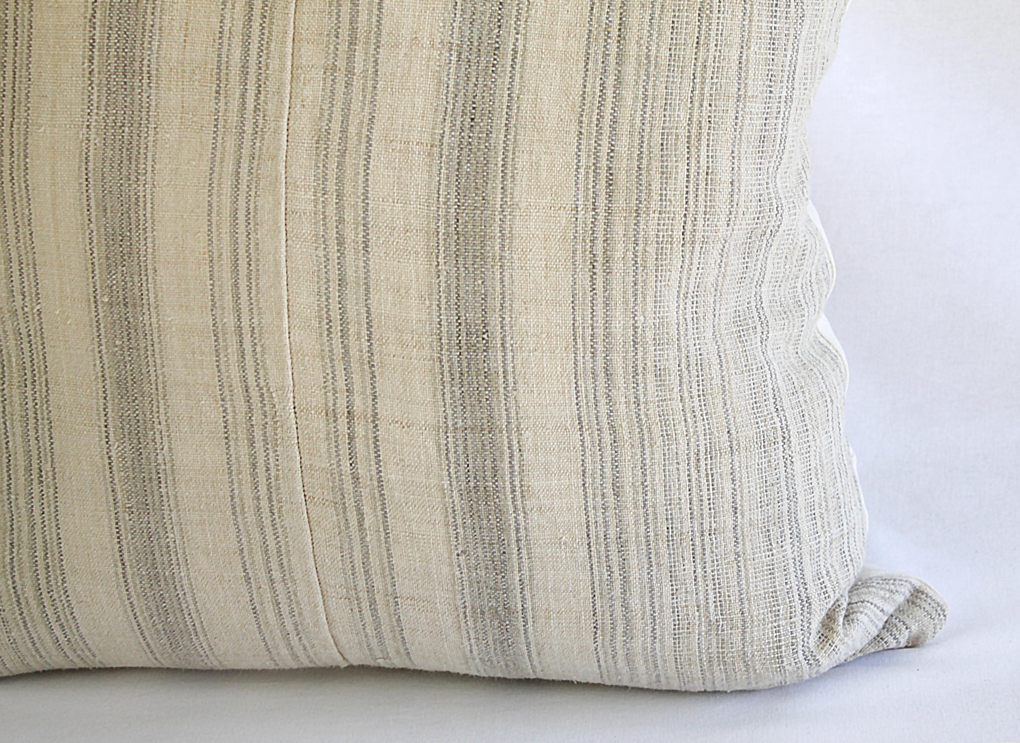 19th Century Antique Homespun Linen and Striped Grain Sack Pillow