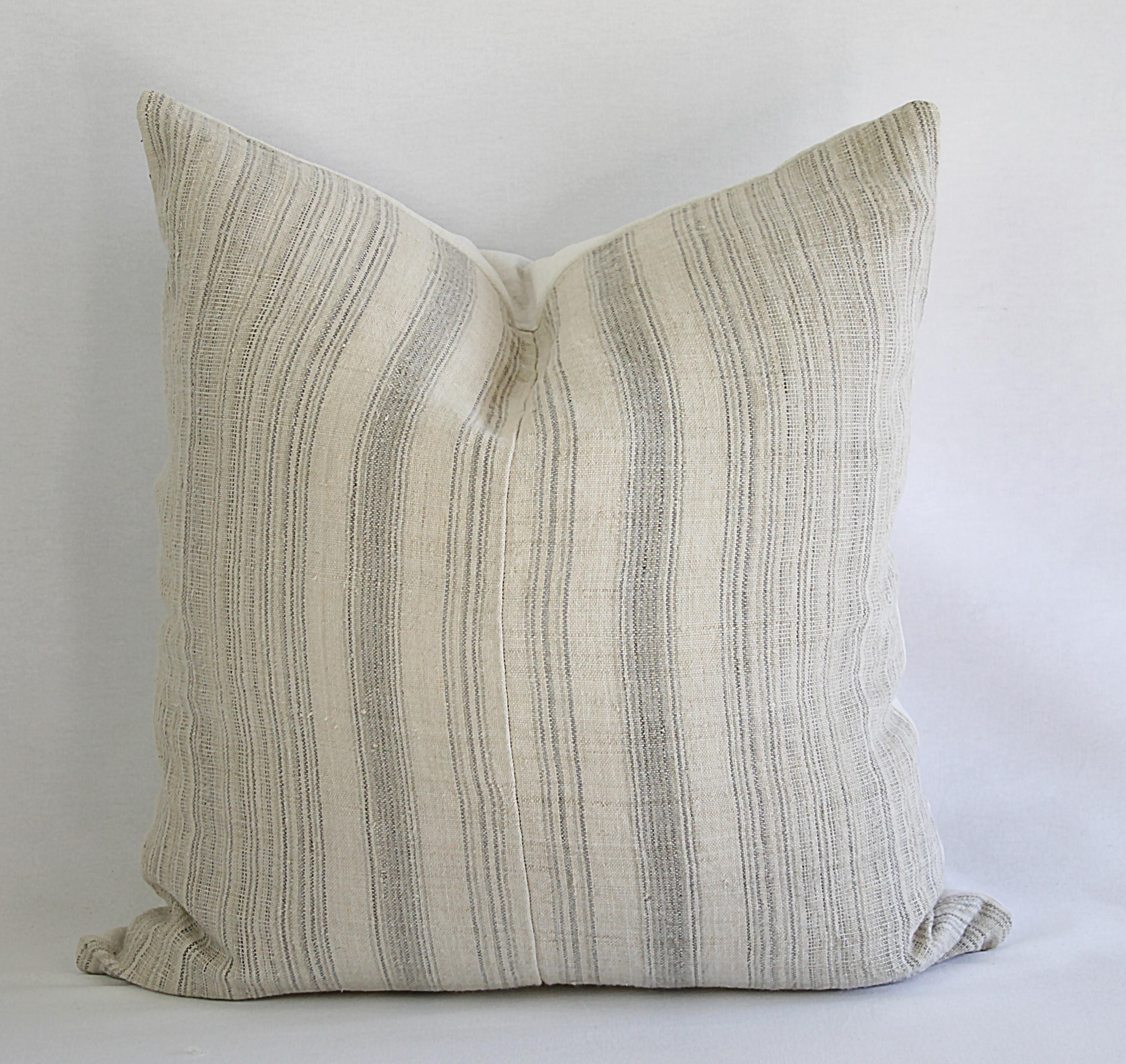 Antique Homespun Linen and Striped Grain Sack Pillow 1