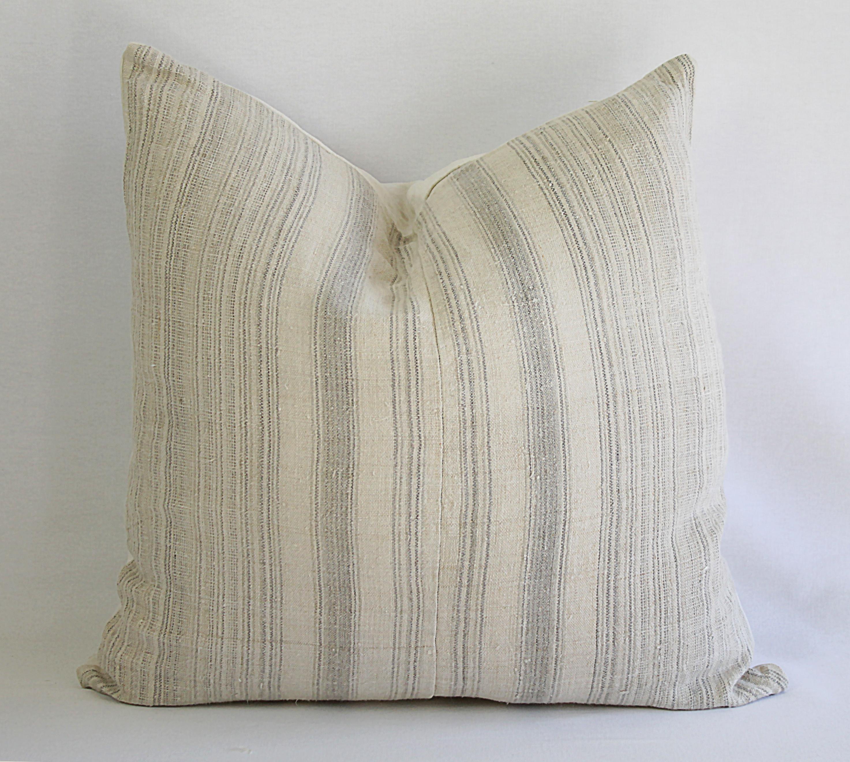 Antique Homespun Linen and Striped Grain Sack Pillow 1