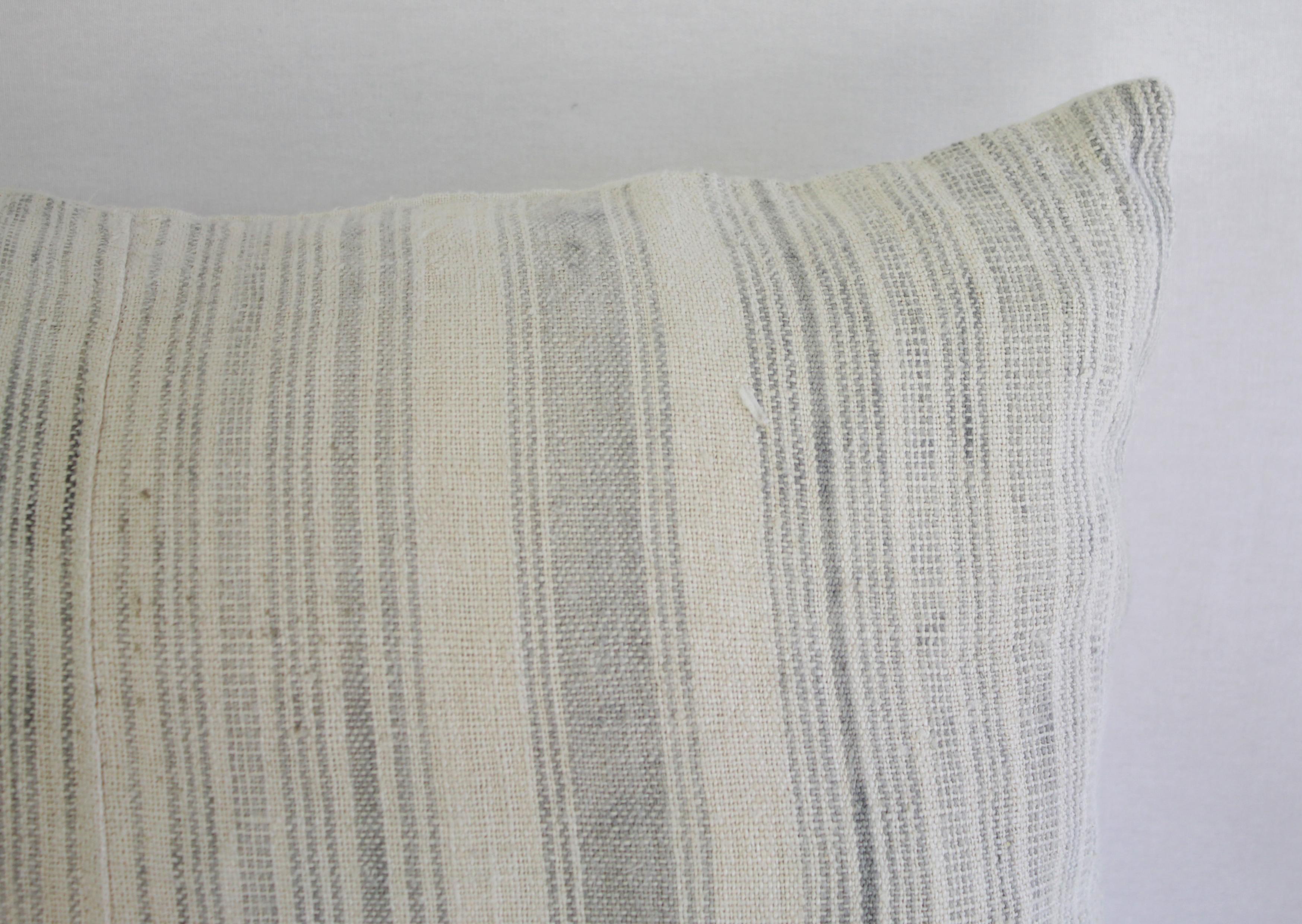 European Antique Homespun Linen and Striped Grain Sack Pillow Light Grey
