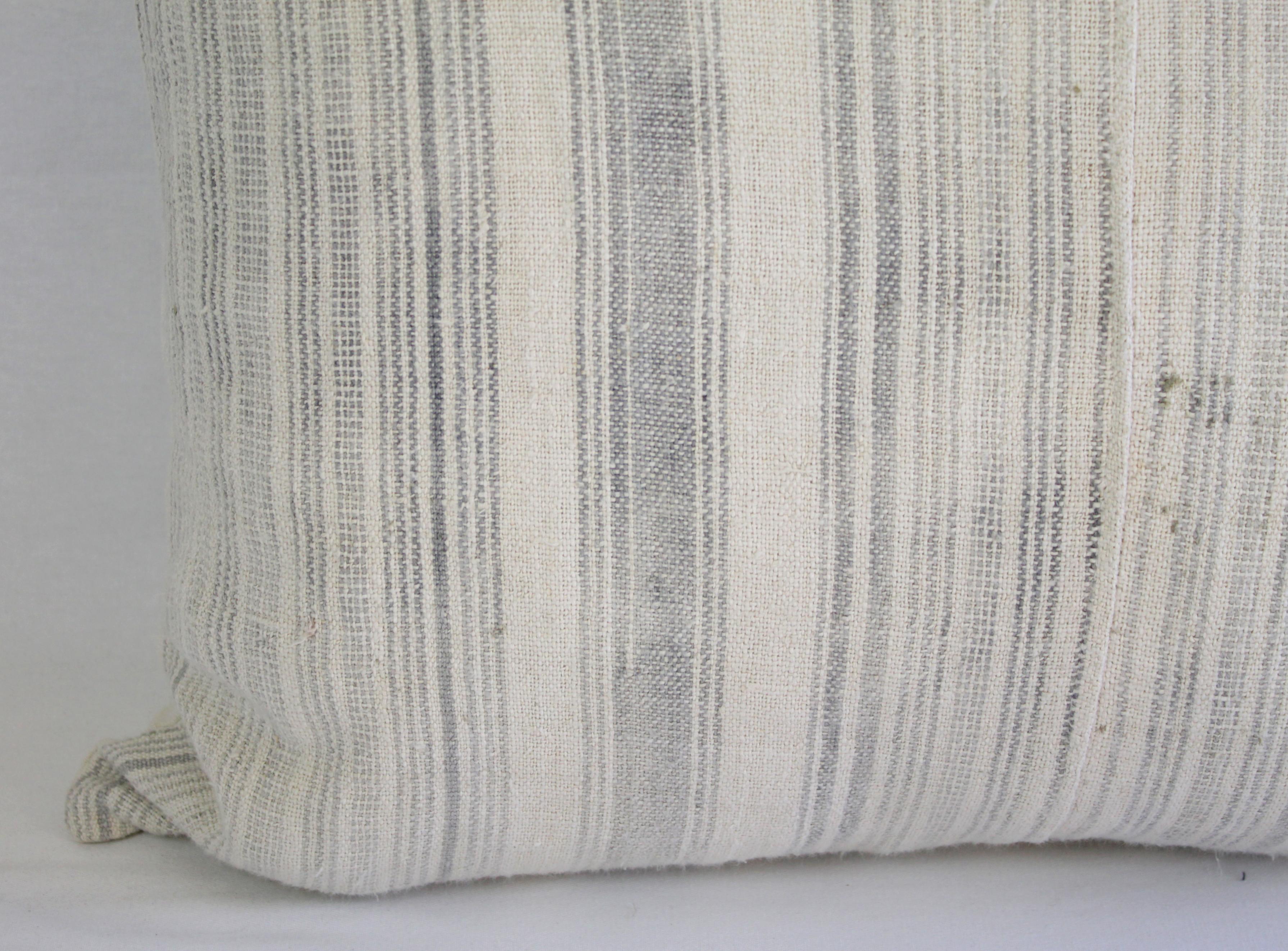 Antique Homespun Linen and Striped Grain Sack Pillow Light Grey In Good Condition In Brea, CA