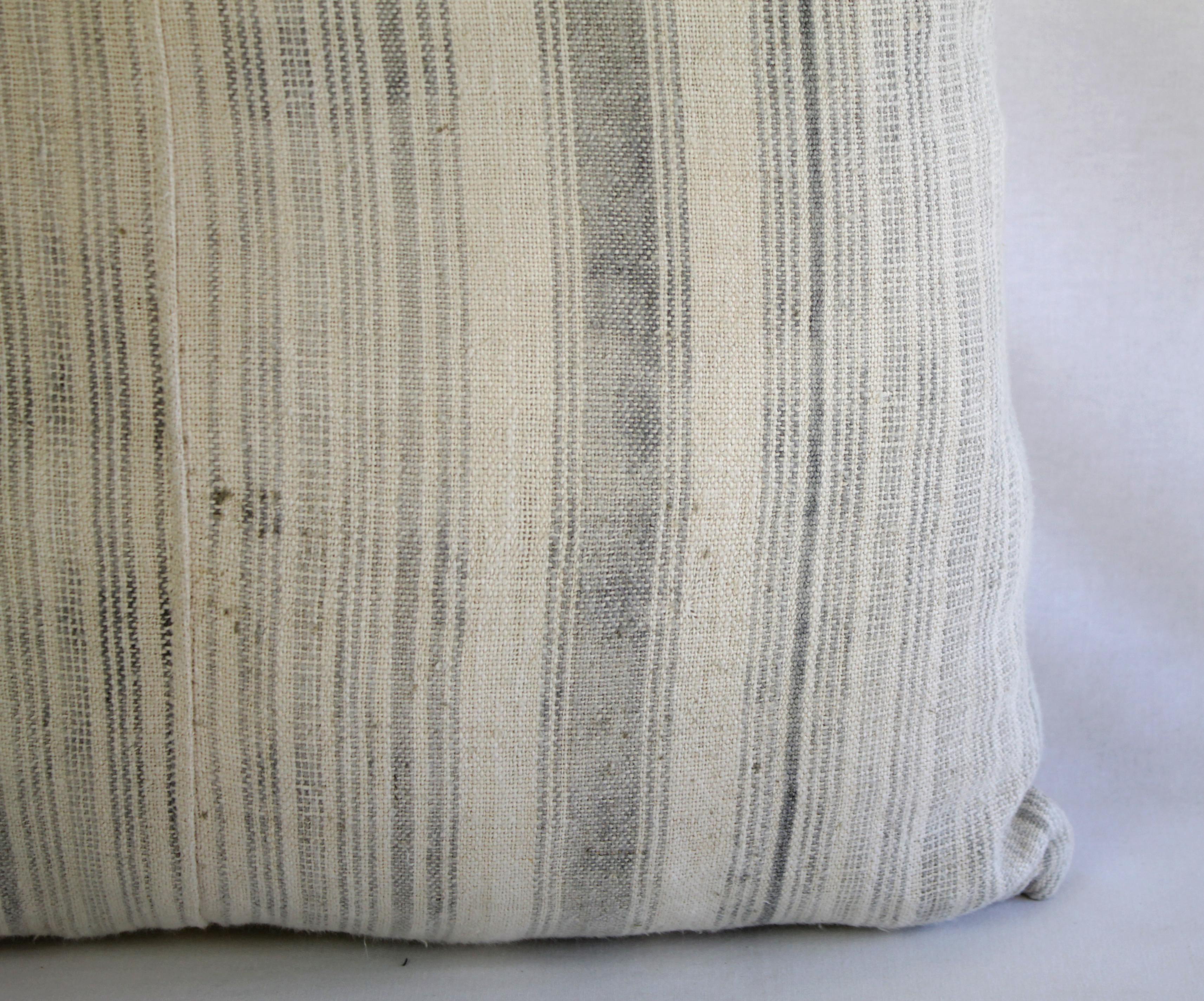 19th Century Antique Homespun Linen and Striped Grain Sack Pillow Light Grey