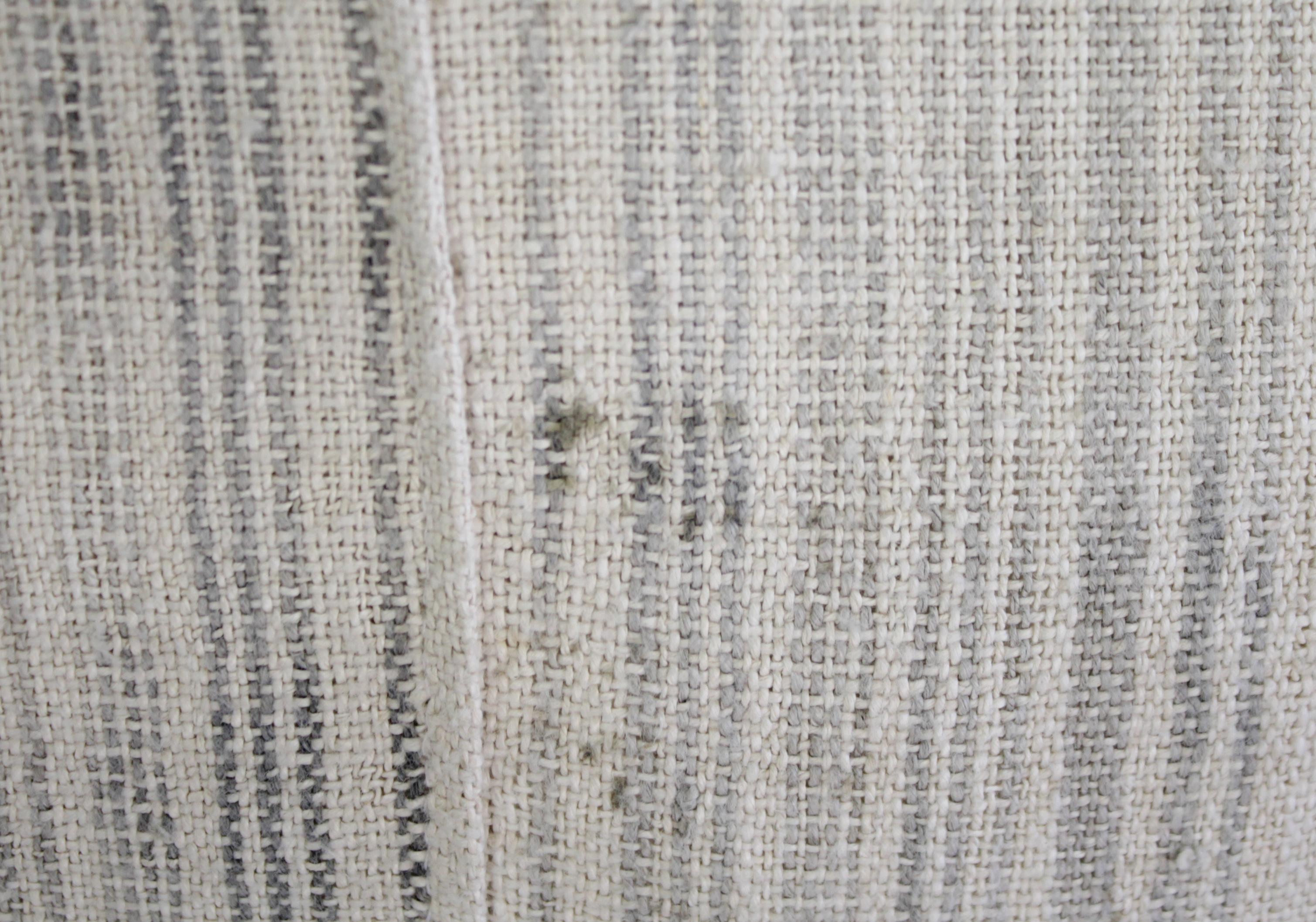 Antique Homespun Linen and Striped Grain Sack Pillow Light Grey 1