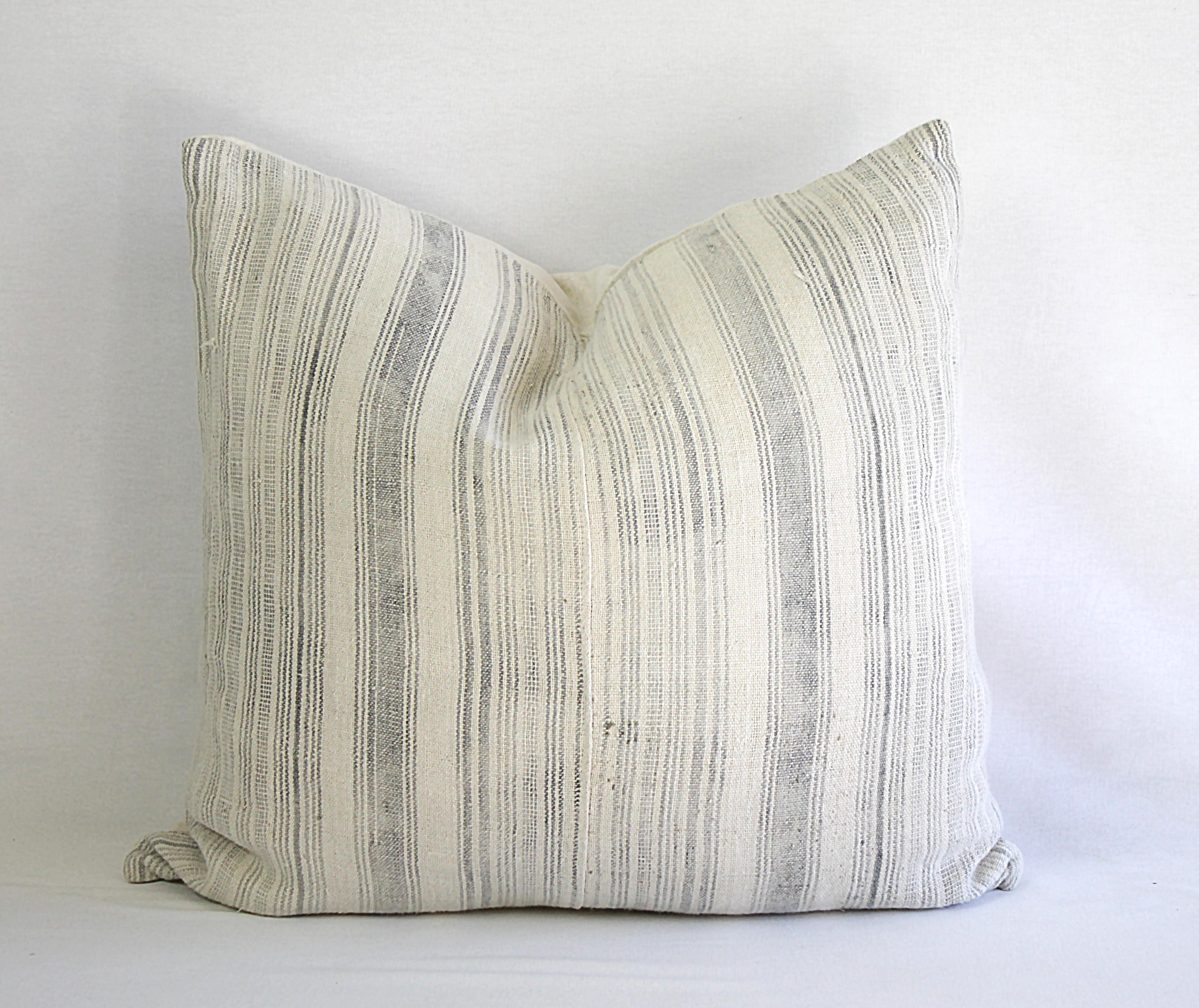 Antique Homespun Linen and Striped Grain Sack Pillow Light Grey 2