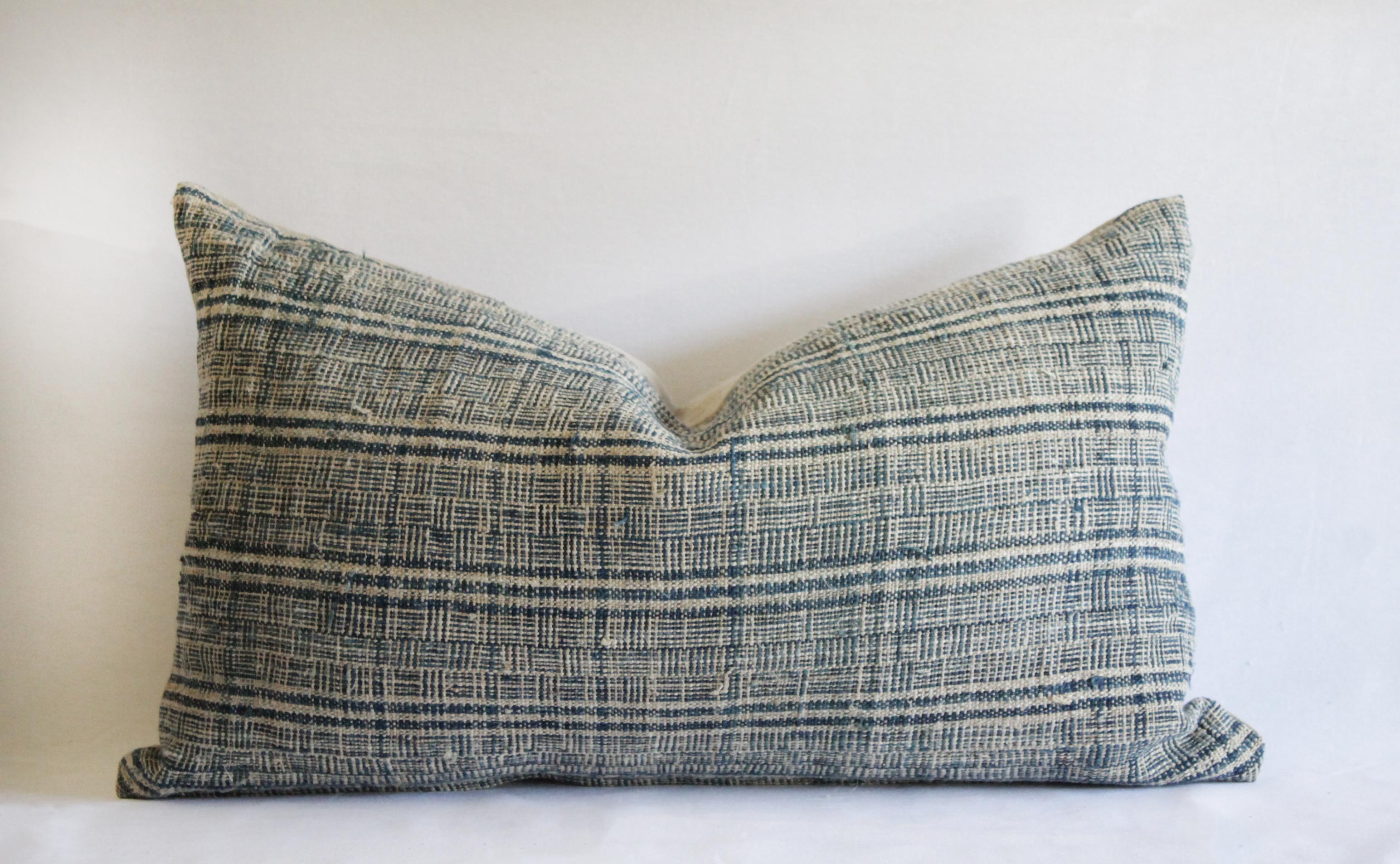Antique Homespun Linen Indigo Blue and Natural Stripe Lumbar Pillow 15x36 In Good Condition In Brea, CA