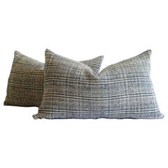 Vintage Homespun Linen Indigo Blue and Natural Stripe Lumbar Pillow 15x36