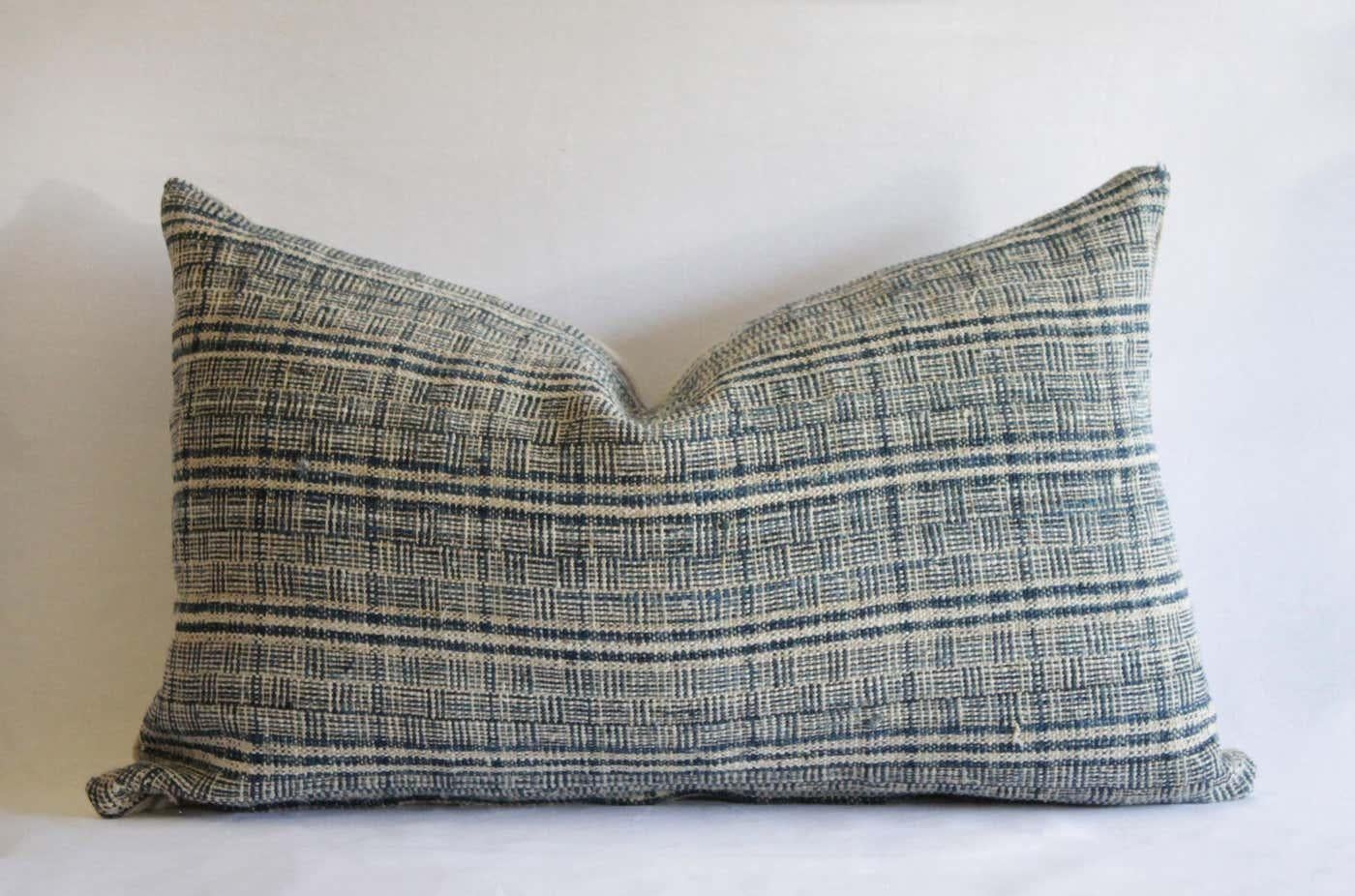 Antique Homespun Linen Indigo Blue and Natural Stripe Lumbar Pillow  In Good Condition In Brea, CA