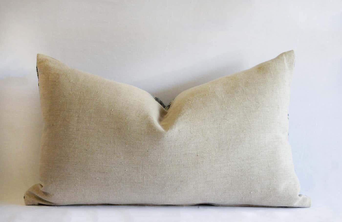 Antique Homespun Linen Indigo Blue and Natural Stripe Lumbar Pillow  1