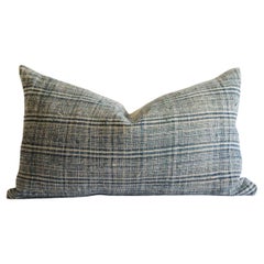 Vintage Homespun Linen Indigo Blue and Natural Stripe Lumbar Pillow 