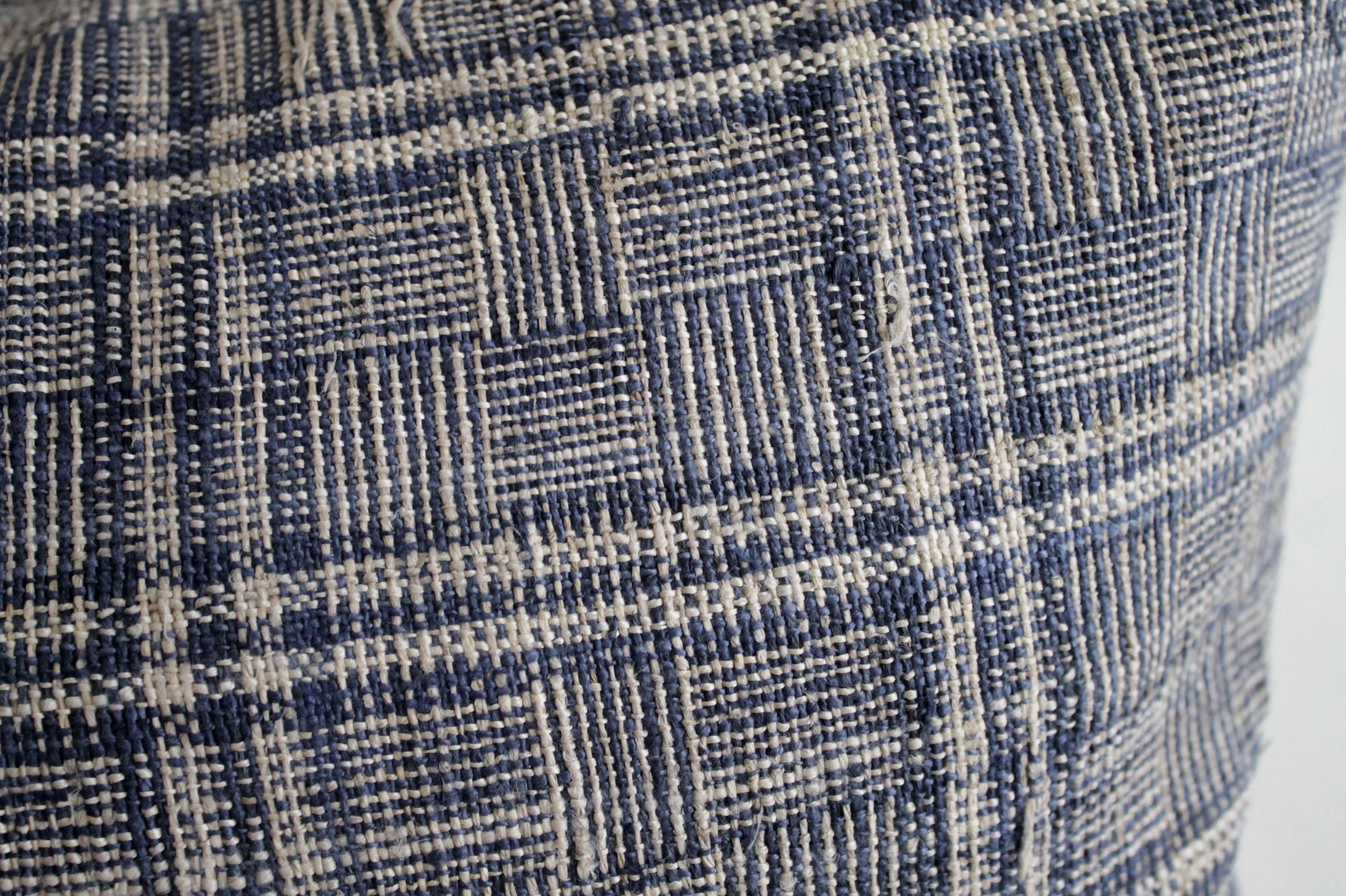 20th Century Antique Homespun Linen Lumbar Pillows Vintage Indigo and Natural Check Pattern
