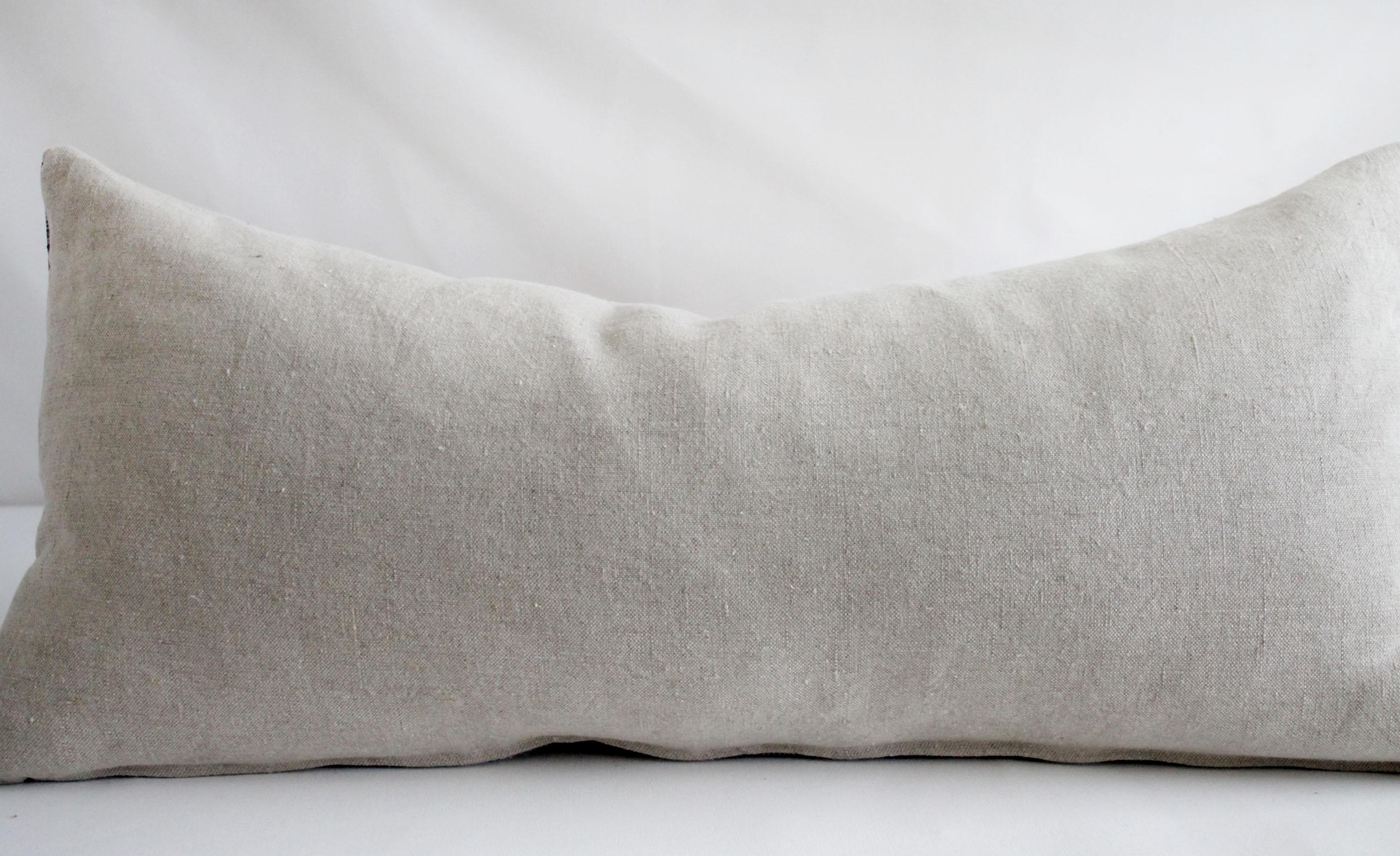 Antique Homespun Linen Lumbar Pillows Vintage Indigo and Natural Check Pattern 1