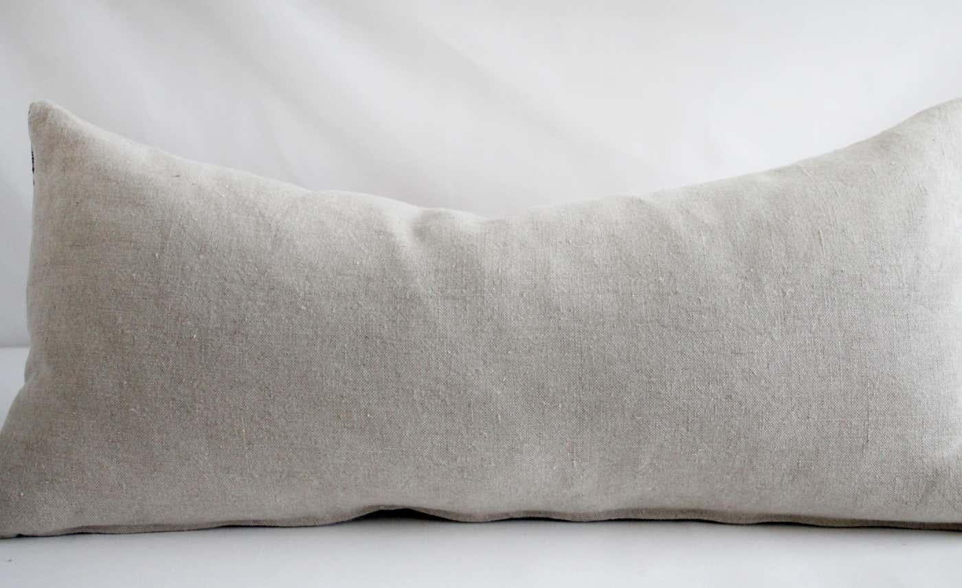 Antique Homespun Linen Lumbar Pillows Vintage Indigo and Natural Check Pattern For Sale 1