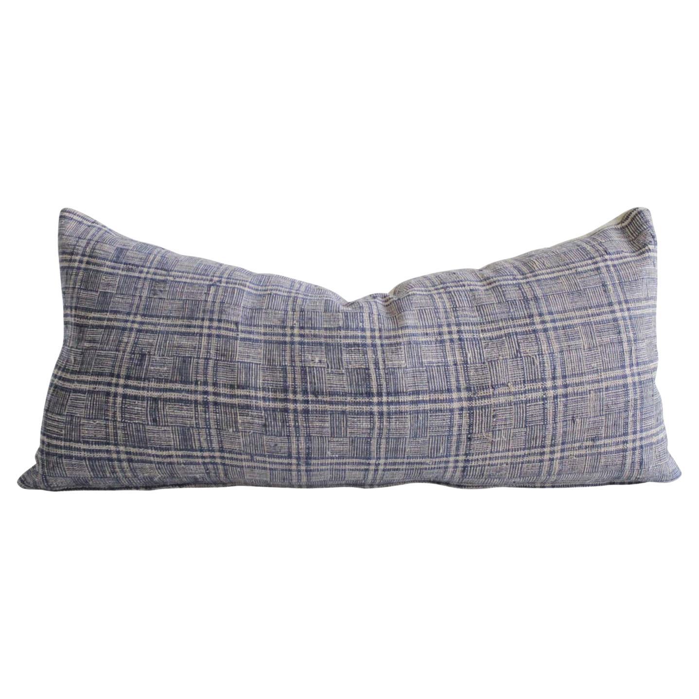 Antique Homespun Linen Lumbar Pillows Vintage Indigo and Natural Check Pattern For Sale