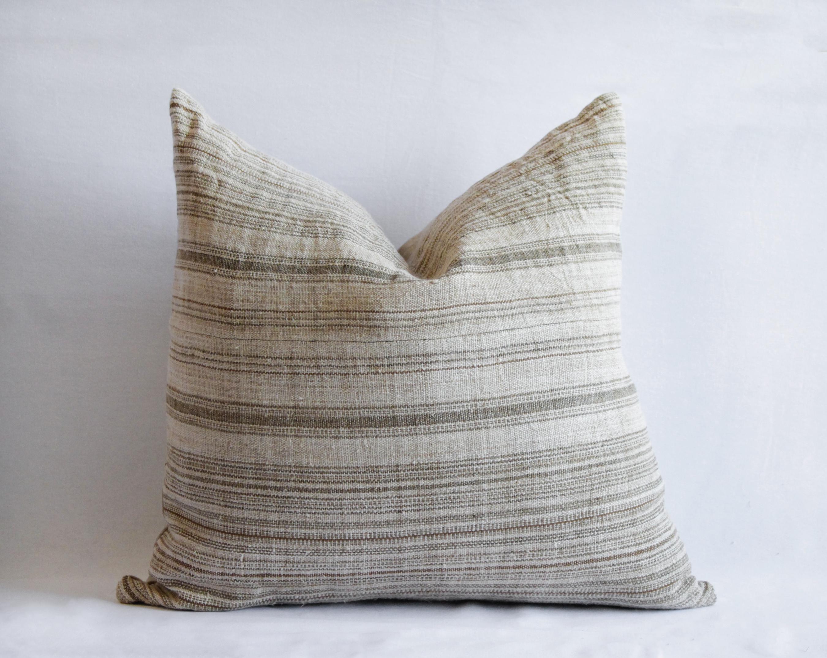 Antique homespun linen pillows in natural and brown stripe by Full Bloom Cottage
Custom made from antique textiles, these pillows are so beautiful with a natural background color, and tonal brown stripes. Backing is a flax Belgian linen.
Hidden