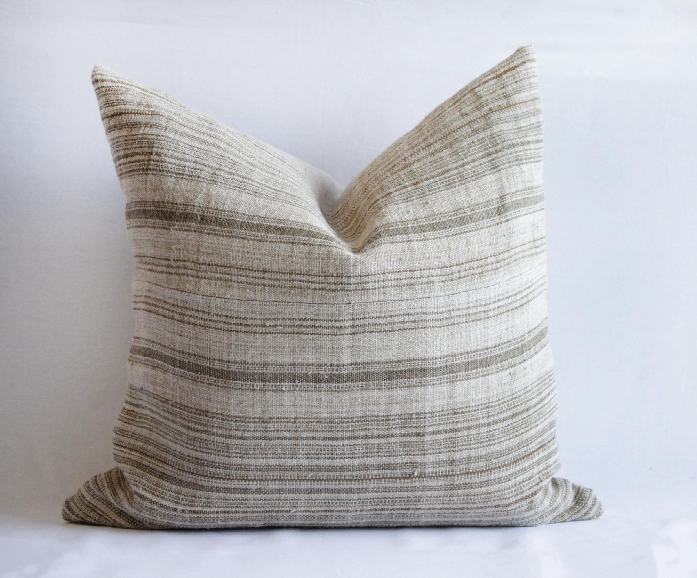 Antique Homespun Linen Pillows in Natural and Brown Stripe by Full Bloom Cottage In Good Condition In Brea, CA