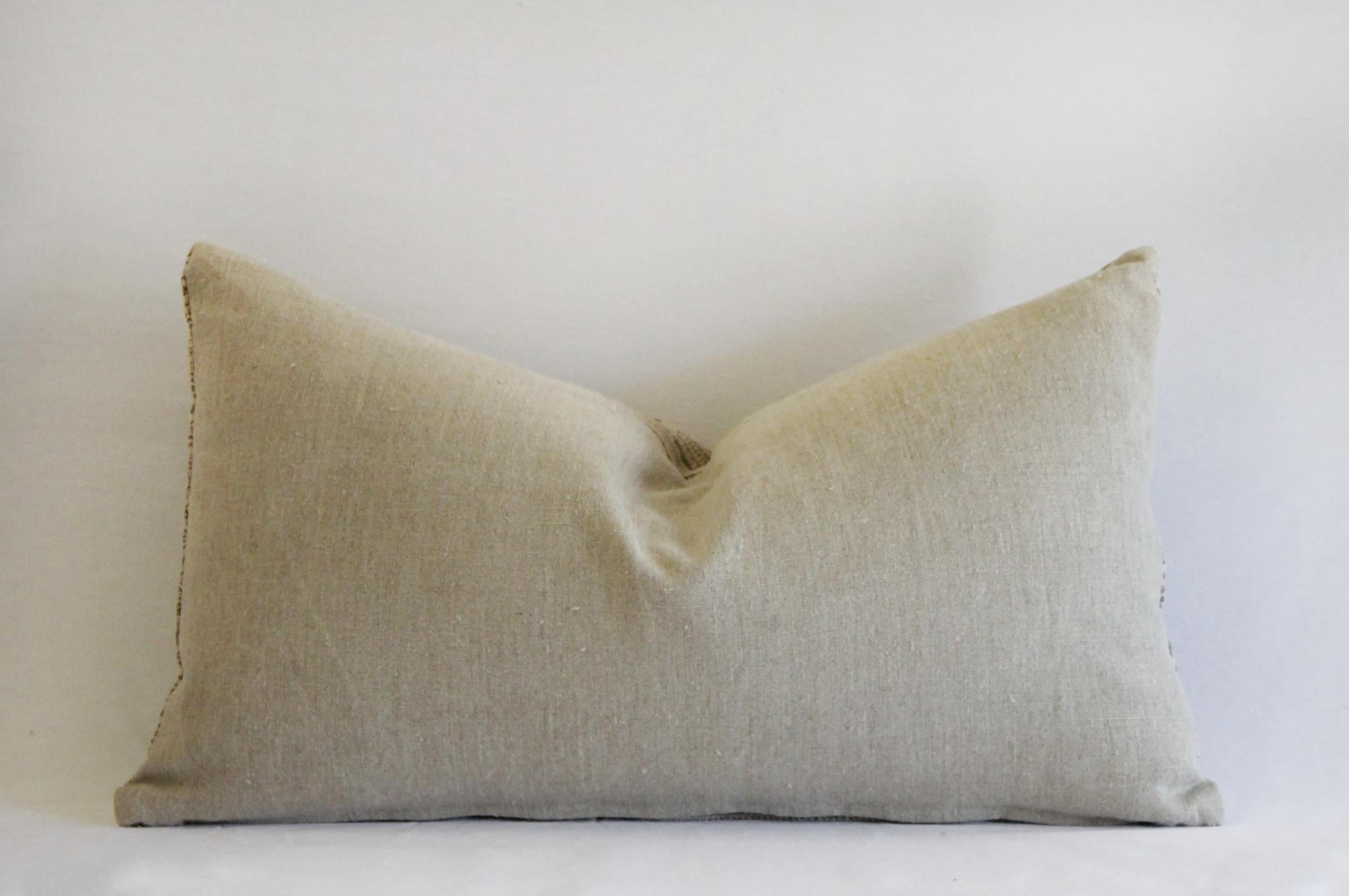 20th Century Antique Homespun Linen Pillows in Natural and Brown Stripe