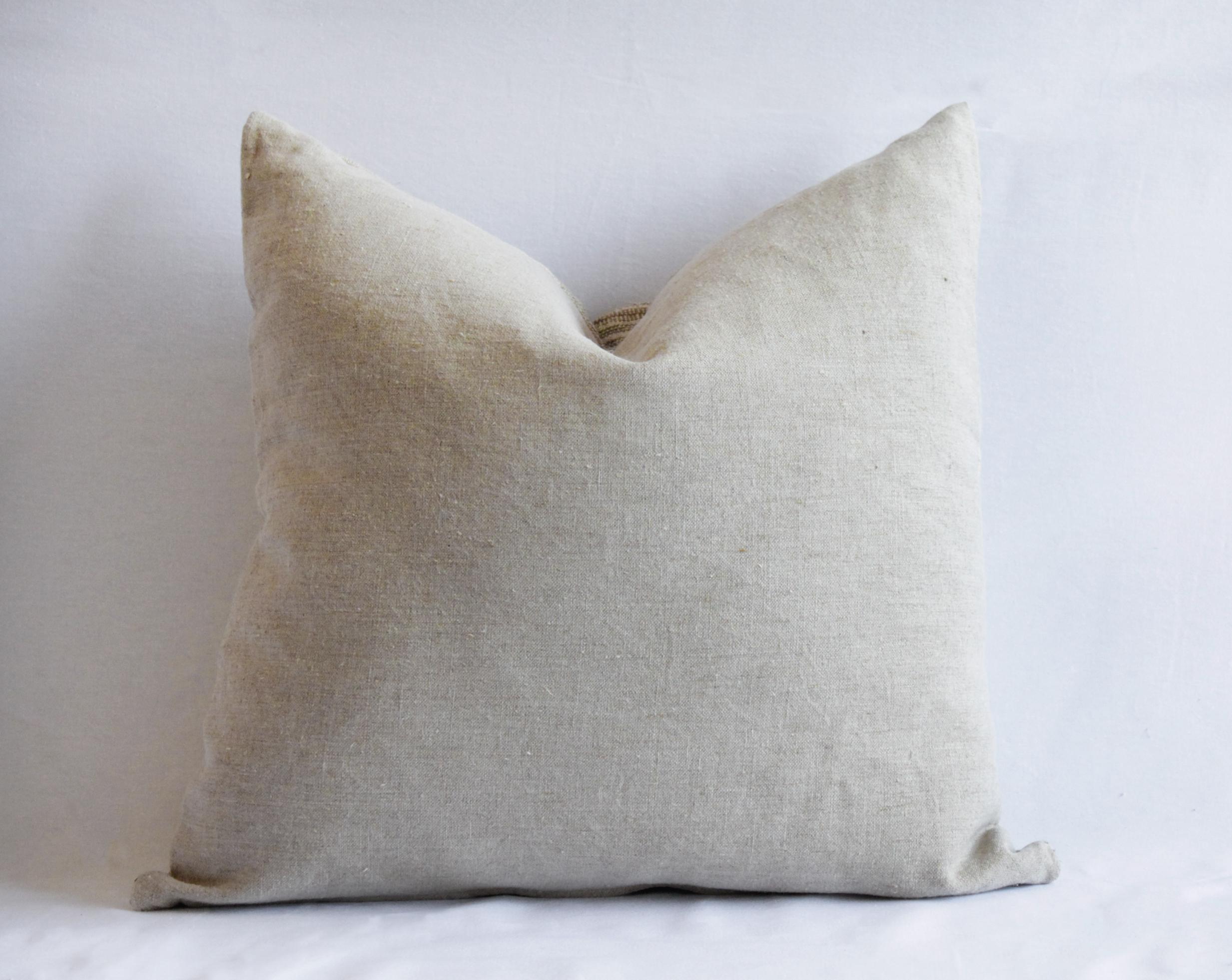 20th Century Antique Homespun Linen Pillows in Natural and Brown Stripe by Full Bloom Cottage