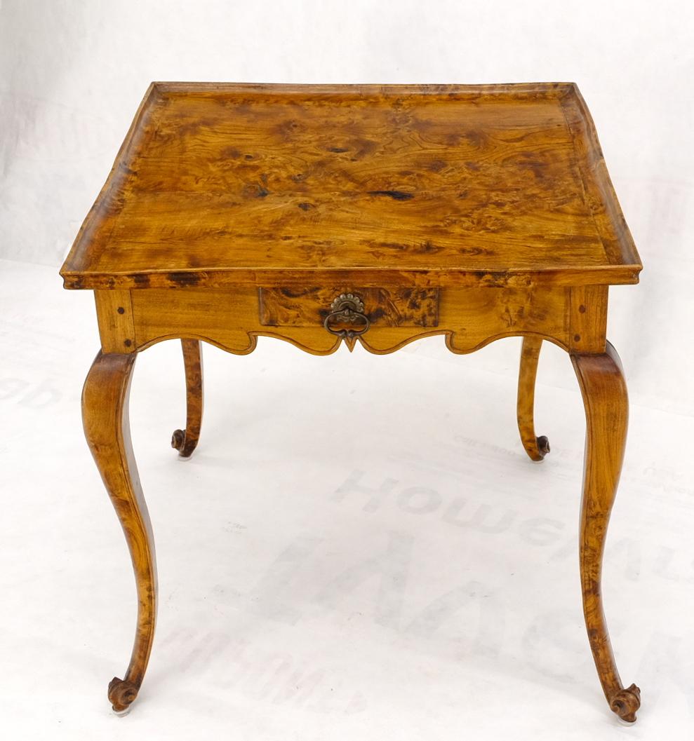 Antique solid burl wood game small dining table with one drawer. Beautiful vivid burlwood grain contract and look, some natural wood curving occurring (as pictured) without compromising the integrity function or looks.
