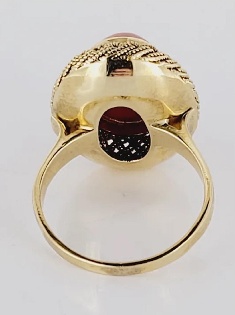 Oval Cut Antique Honeycomb Natural Coral Ring Set in 18K Yellow Gold For Sale