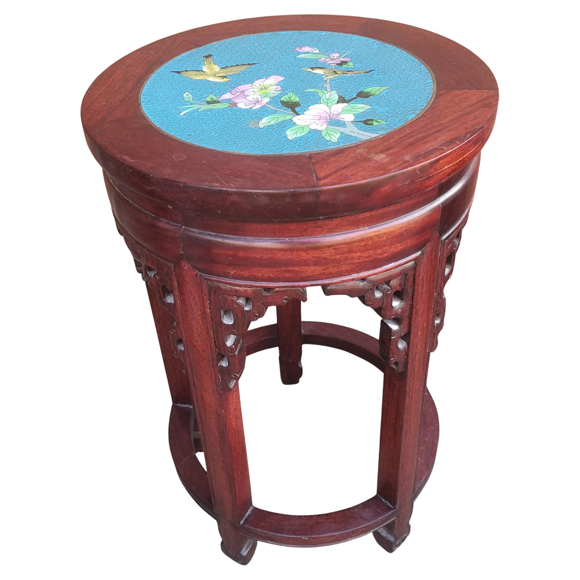 Antique Chinese carved rosewood and floral enamel cloisonné stool or side table. Refinished rosewood. Measures 12
