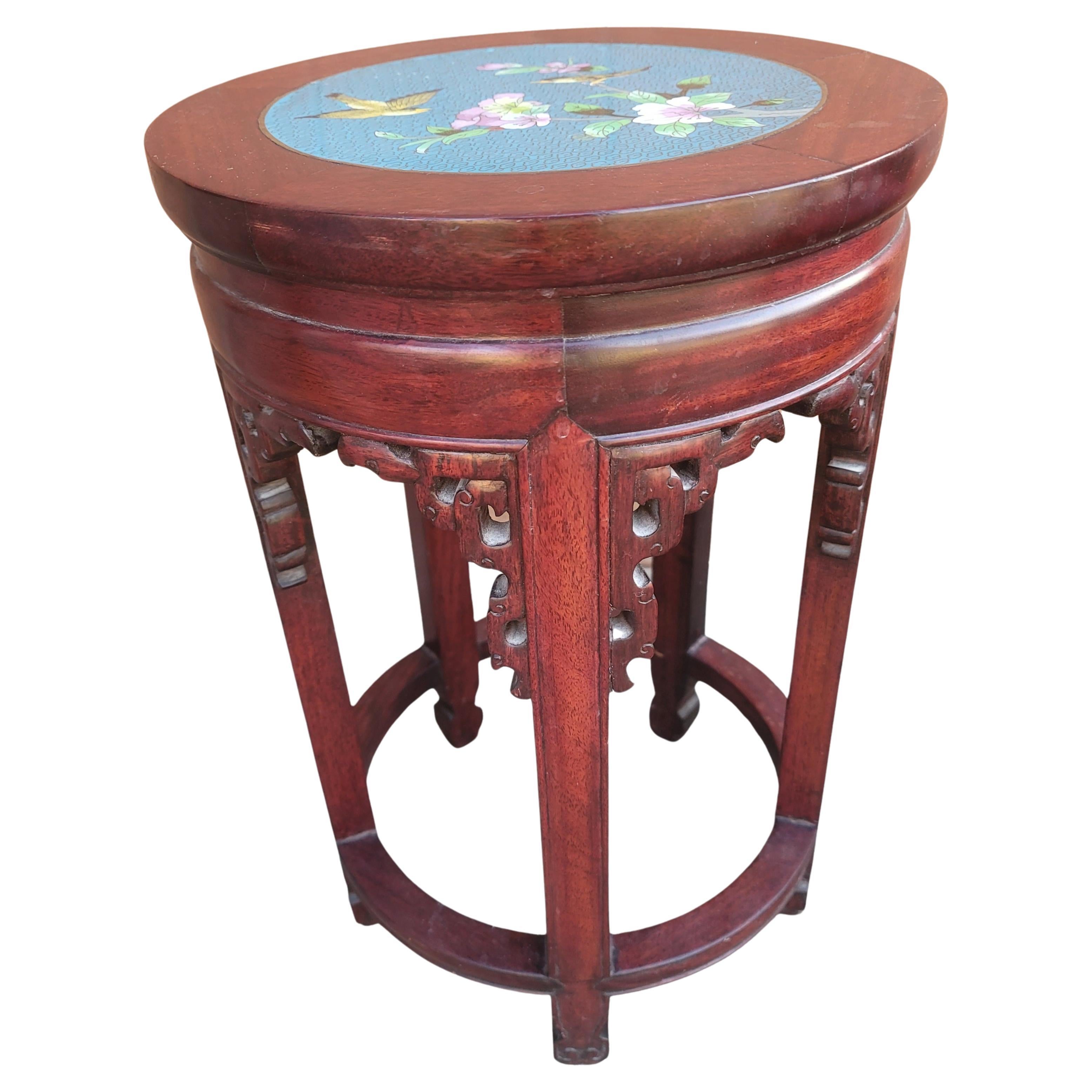 Chinese Antique Hongmu Carved Rosewood & Floral Enamel Cloisonné Stool or Side Table