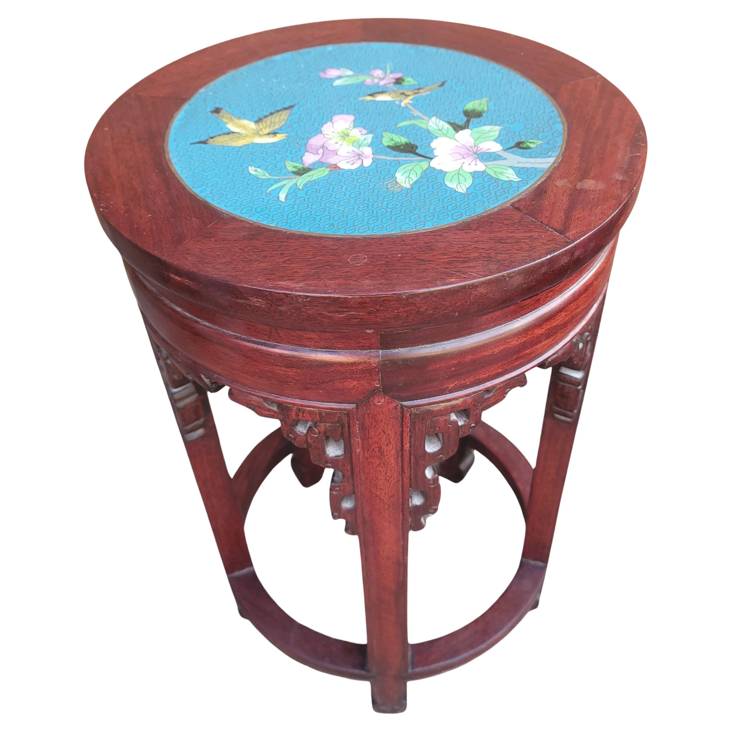 Woodwork Antique Hongmu Carved Rosewood & Floral Enamel Cloisonné Stool or Side Table 