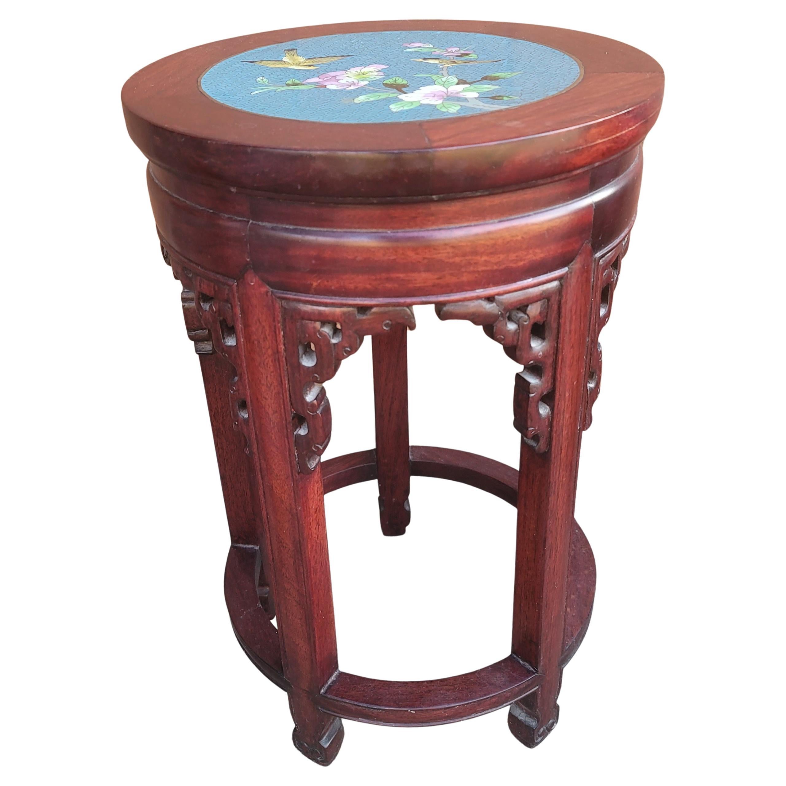 Antique Hongmu Carved Rosewood & Floral Enamel Cloisonné Stool or Side Table 