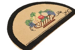Antique Framed Hooked Demi Lune Rug, Fruit Bowl Pictorial in Beige - Rug & Kilim