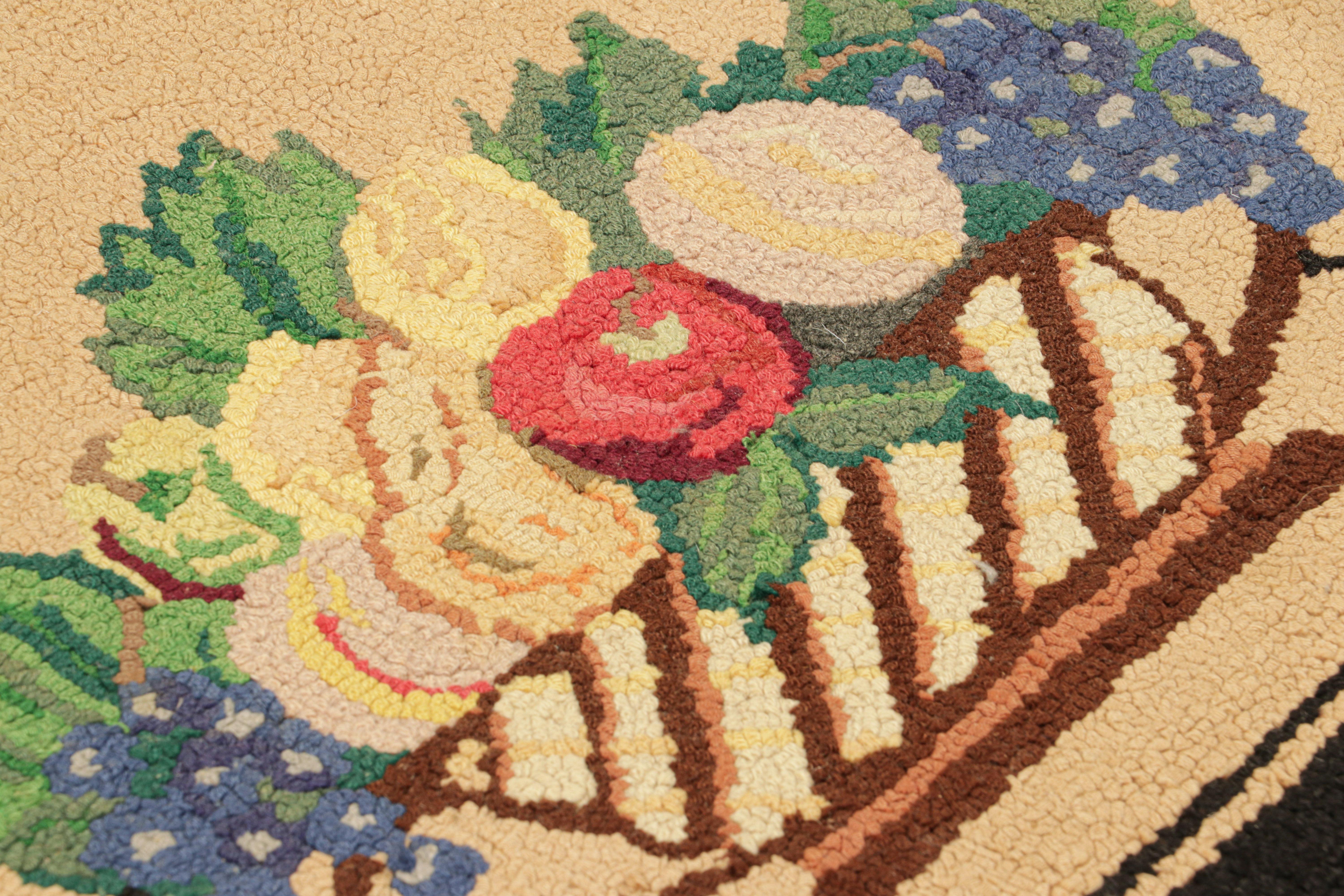 Hand-Knotted Antique Hooked Demi Lune Rug in Beige with Fruit Bowl Pictorials - Rug & Kilim For Sale