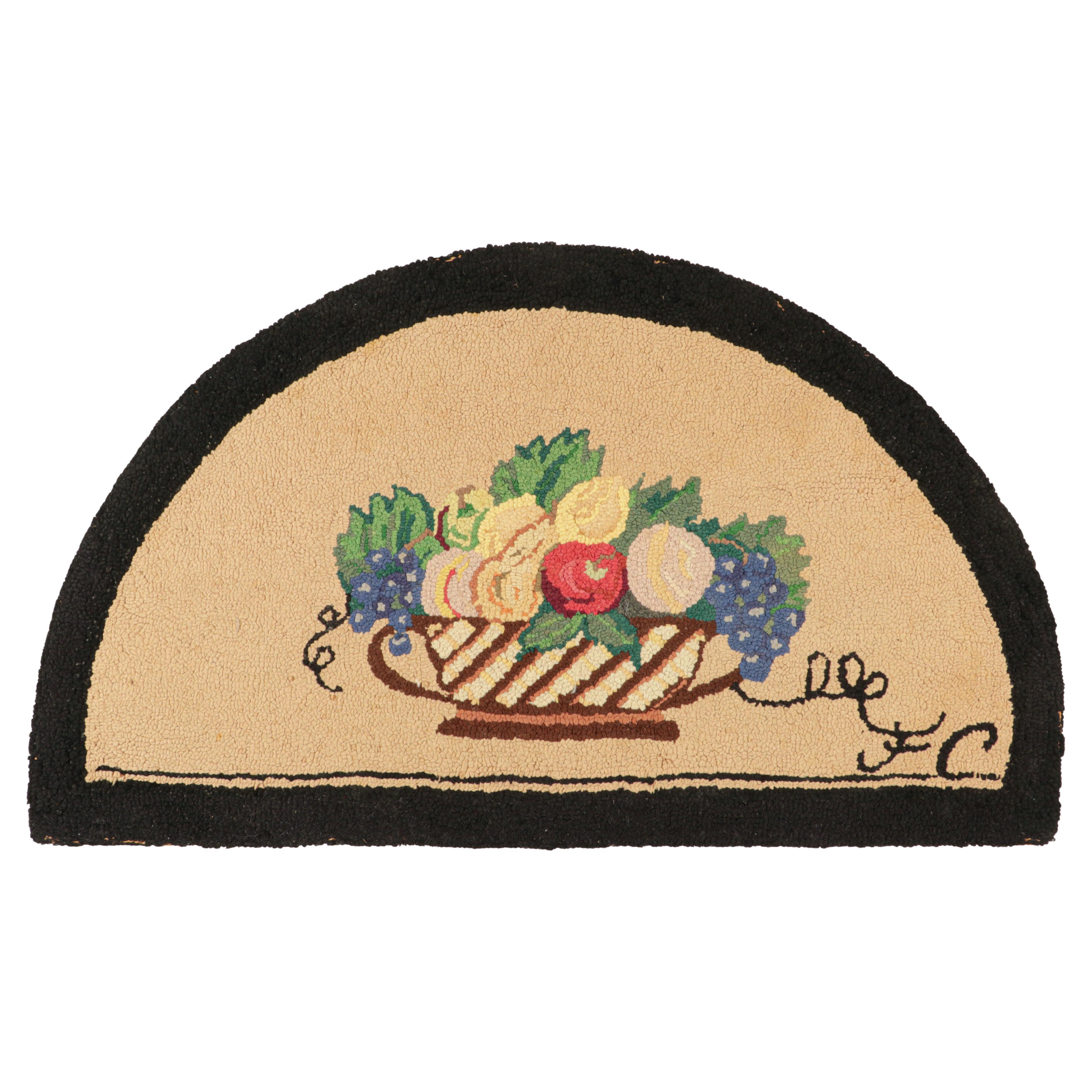 Antique Hooked Demi Lune Rug in Beige with Fruit Bowl Pictorials - Rug & Kilim