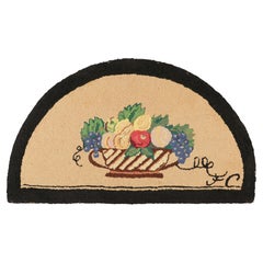 Antique Hooked Demi Lune Rug in Beige with Fruit Bowl Pictorials - Rug & Kilim