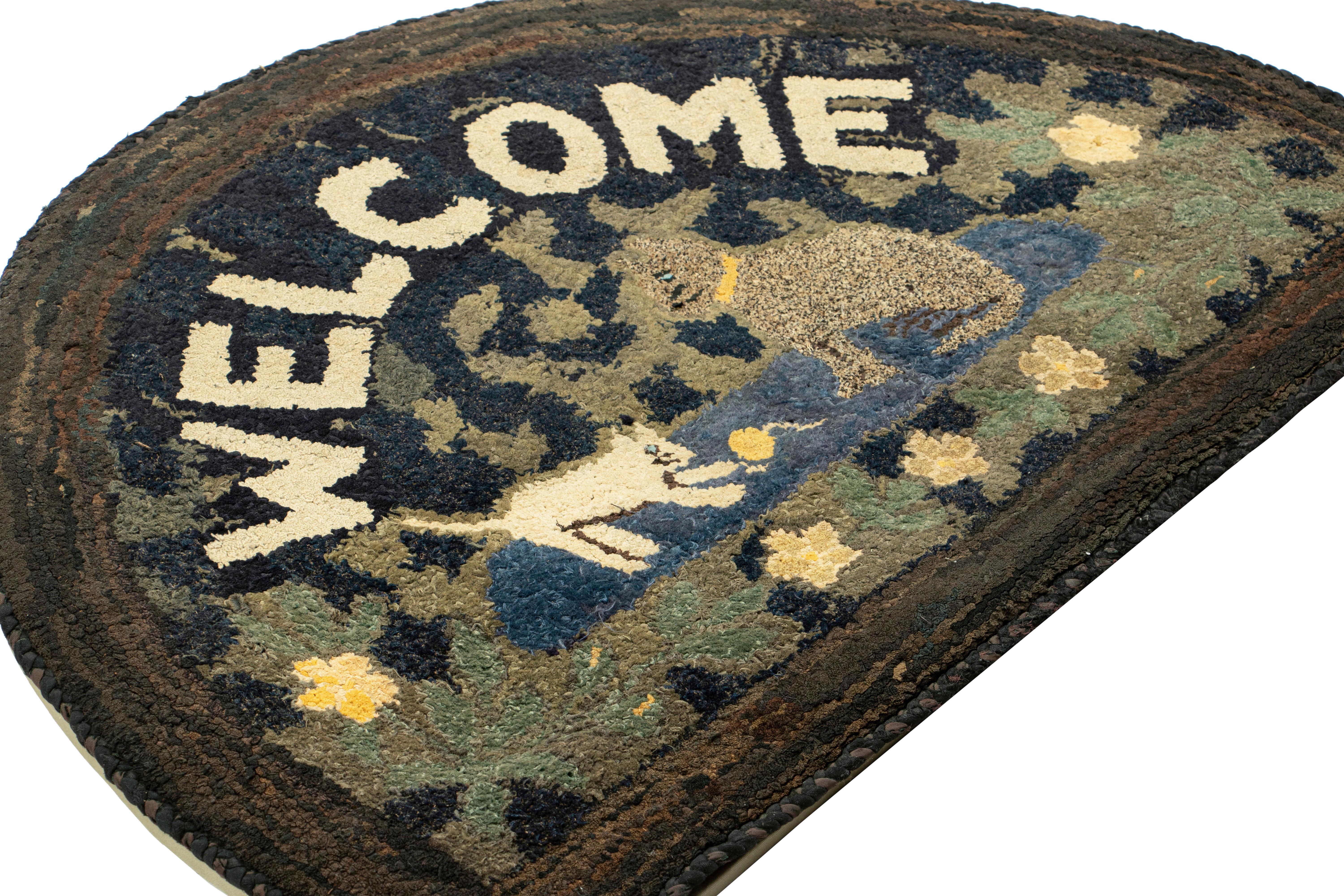 This 2x3 demi lune antique hooked rug is a new addition to Rug & Kilim's growing collection of rare collectible works of the provenance—a classic example of early 20th century functional folk art from the United States, made with hand-hooked wool