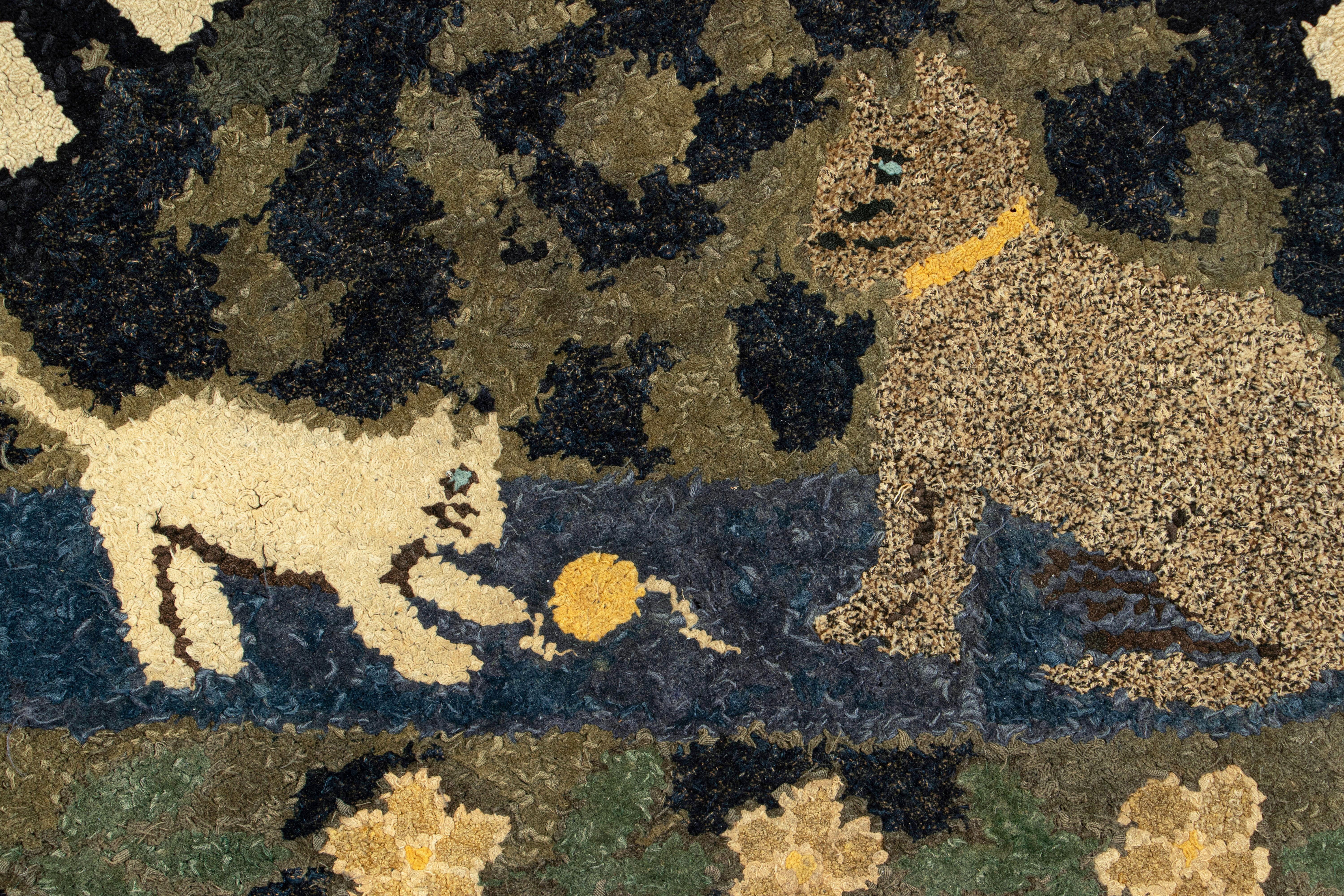 American Antique Hooked Demi Lune Rug in Green with Animal Pictorials - Rug & Kilim For Sale