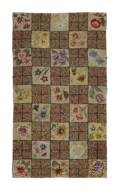 Antique Hooked Floral Rug with Botanical Tile Design - Rug & Kilim